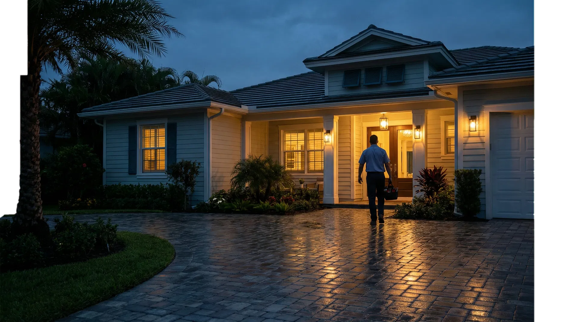 A plumber arriving at a Fort Lauderdale home at night