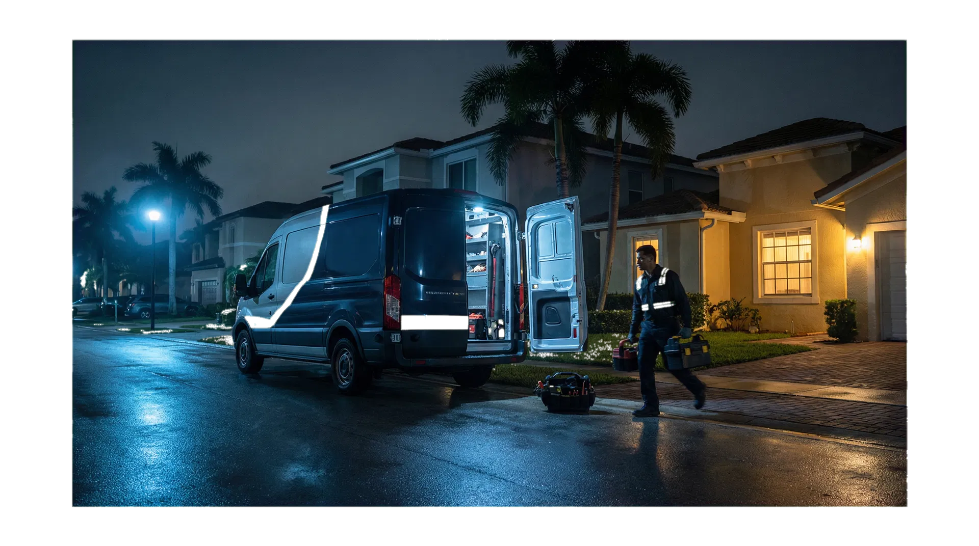 Fort Lauderdale emergency plumbing response vehicle at night