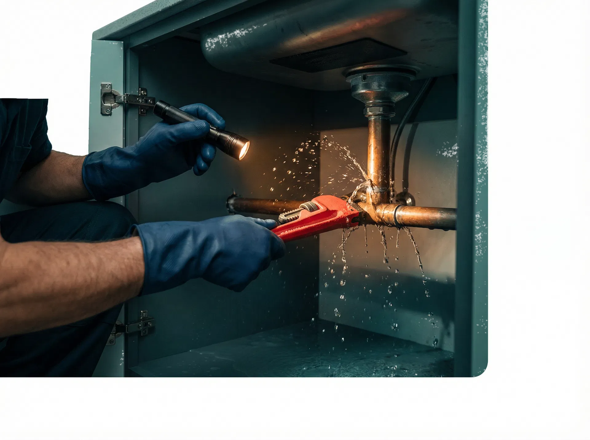 Close-up of an urgent plumbing leak repair inside a home