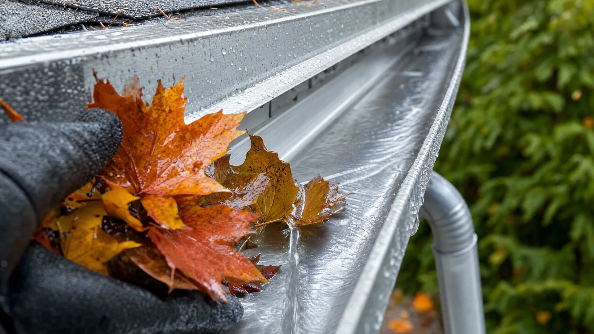 Autumn leaves and water inside a clean eavestrough channel