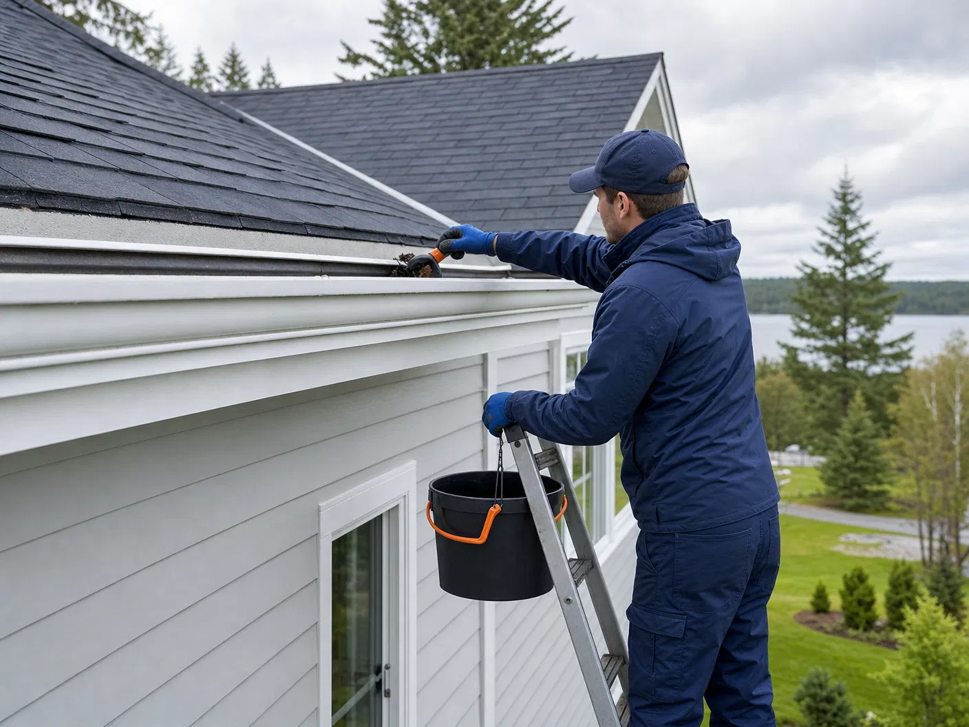 A careful worker safely inspecting and cleaning a residential eavestrough