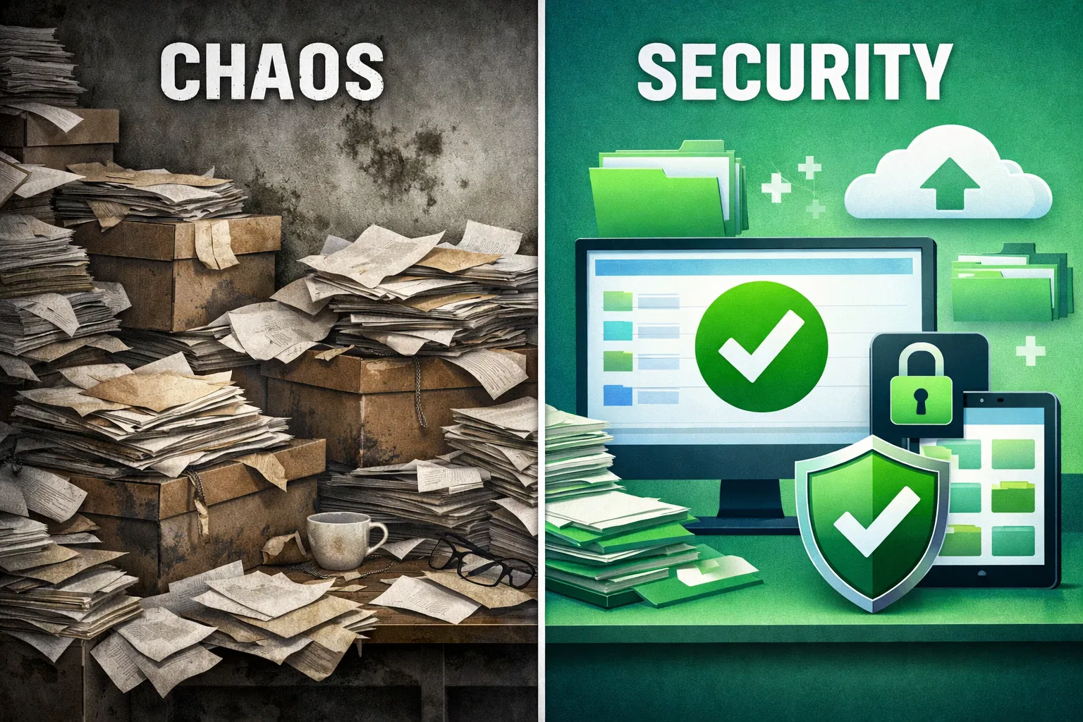 Comparação: Papelada Desordenada vs Cofre Digital Seguro
