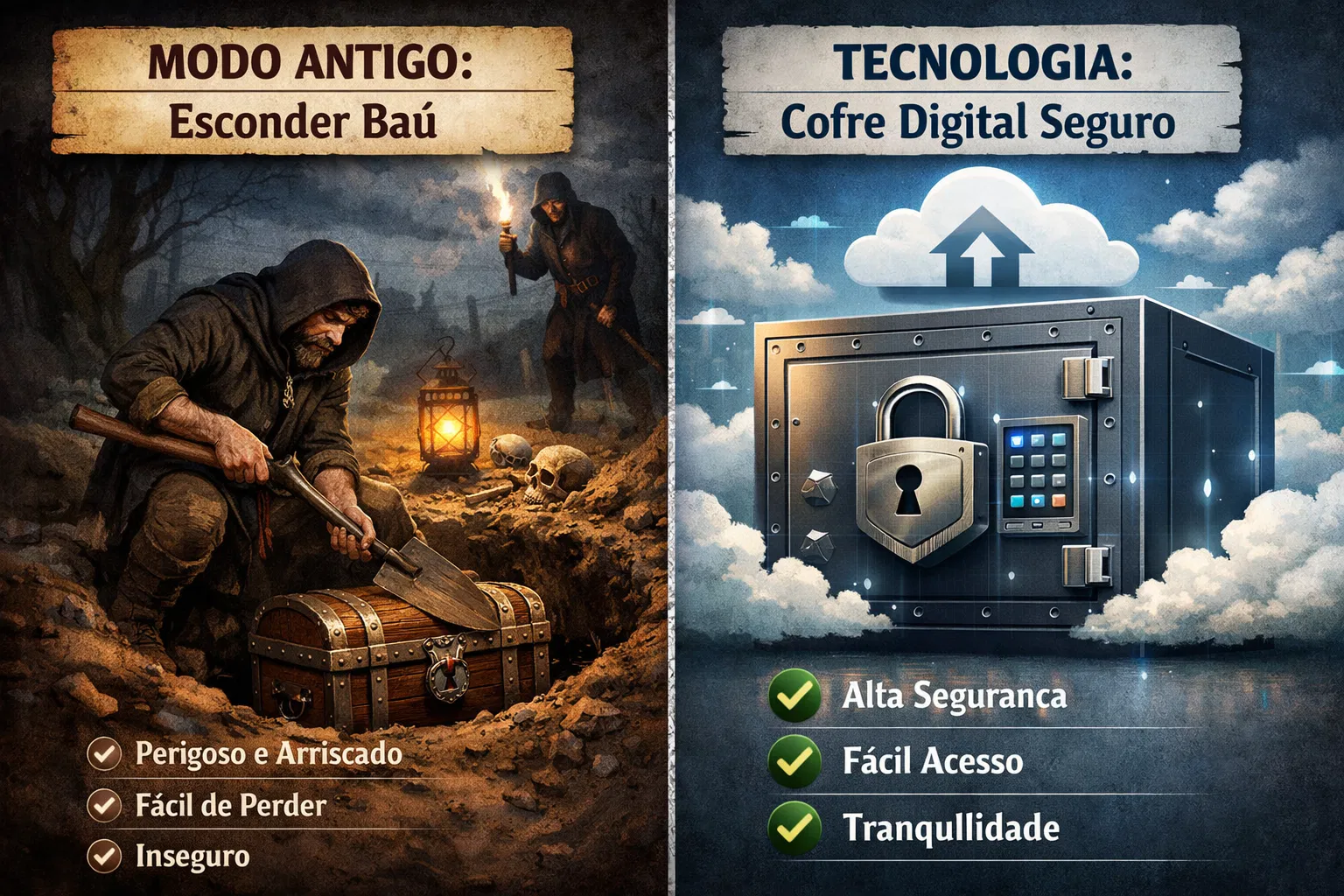 Comparação: Esconder Baú vs Cofre Digital Seguro