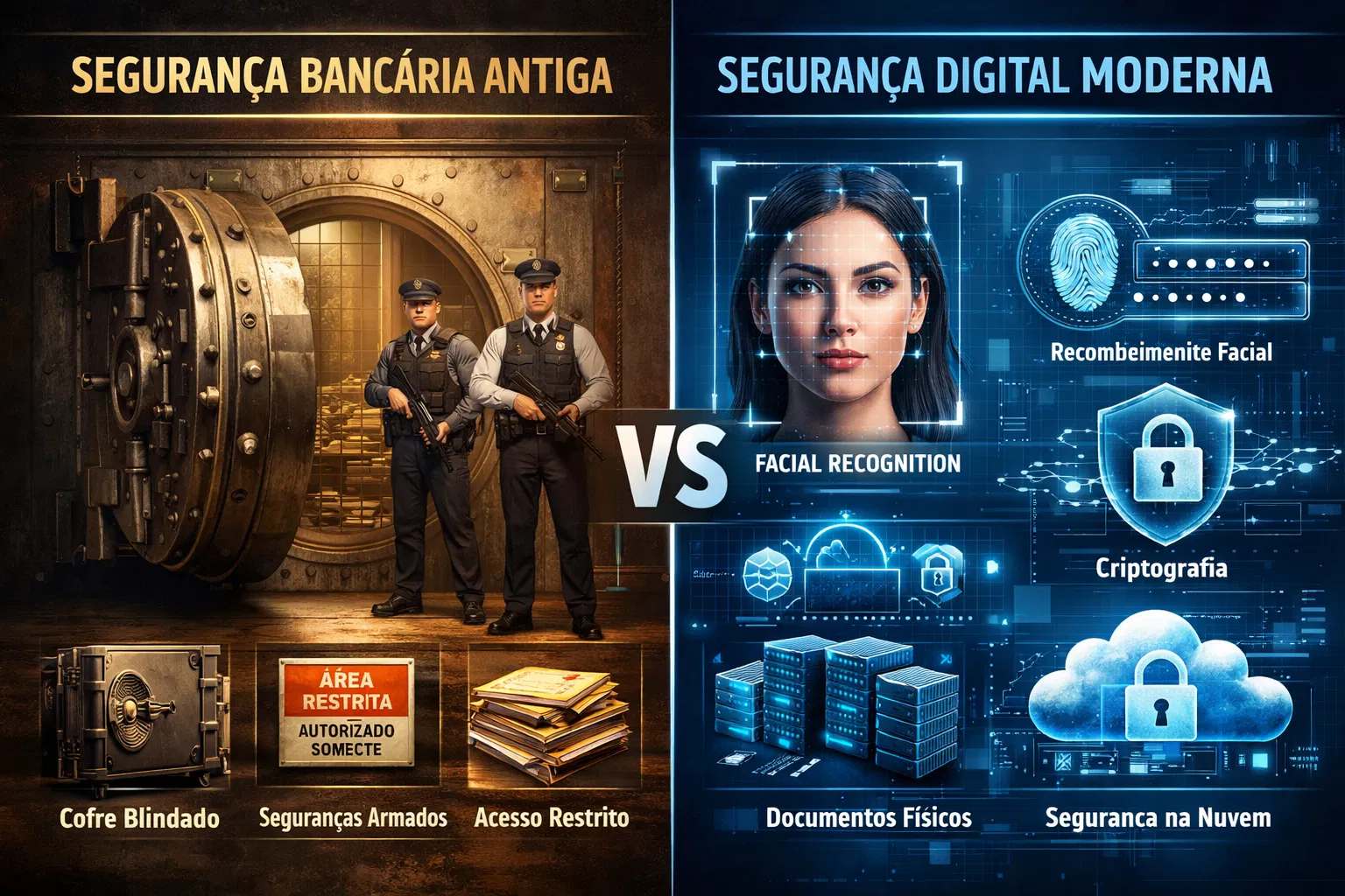 Comparação: Segurança Bancária Antiga vs Digital Moderna