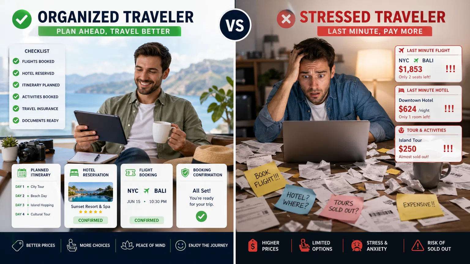 Viagem Planejada vs Improvisa - Comparação Visual