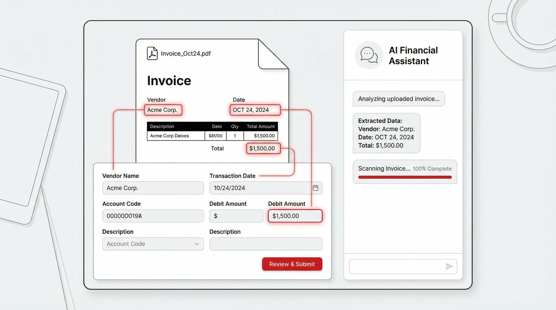 AI scanning an invoice and creating journal entries