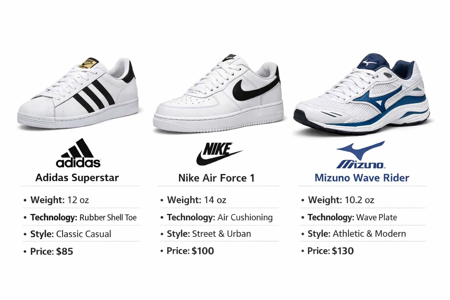Comparação Visual: Adidas Superstar vs Nike Air Force 1 vs Mizuno Wave Rider