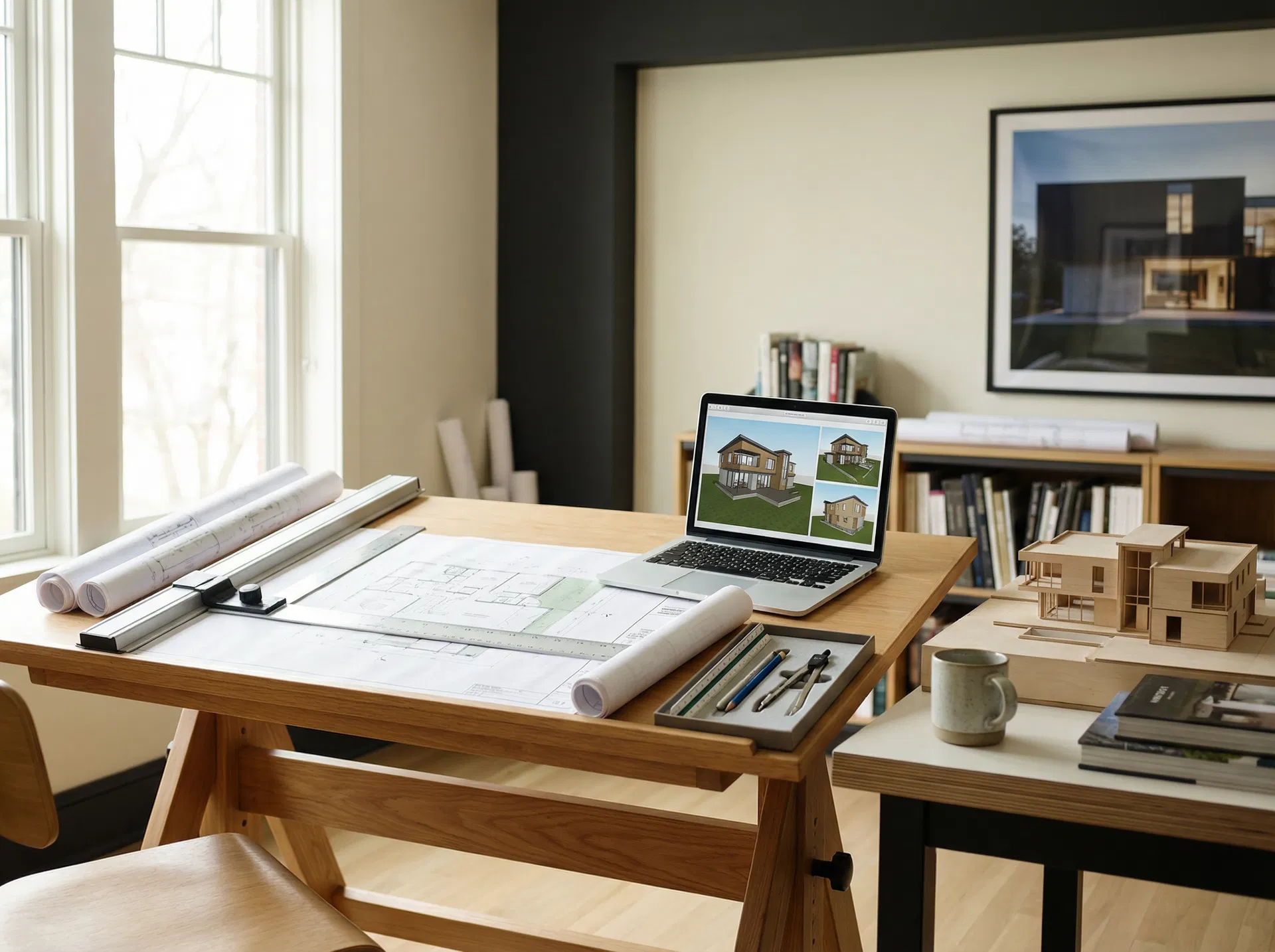 Architectural workspace with blueprints and models