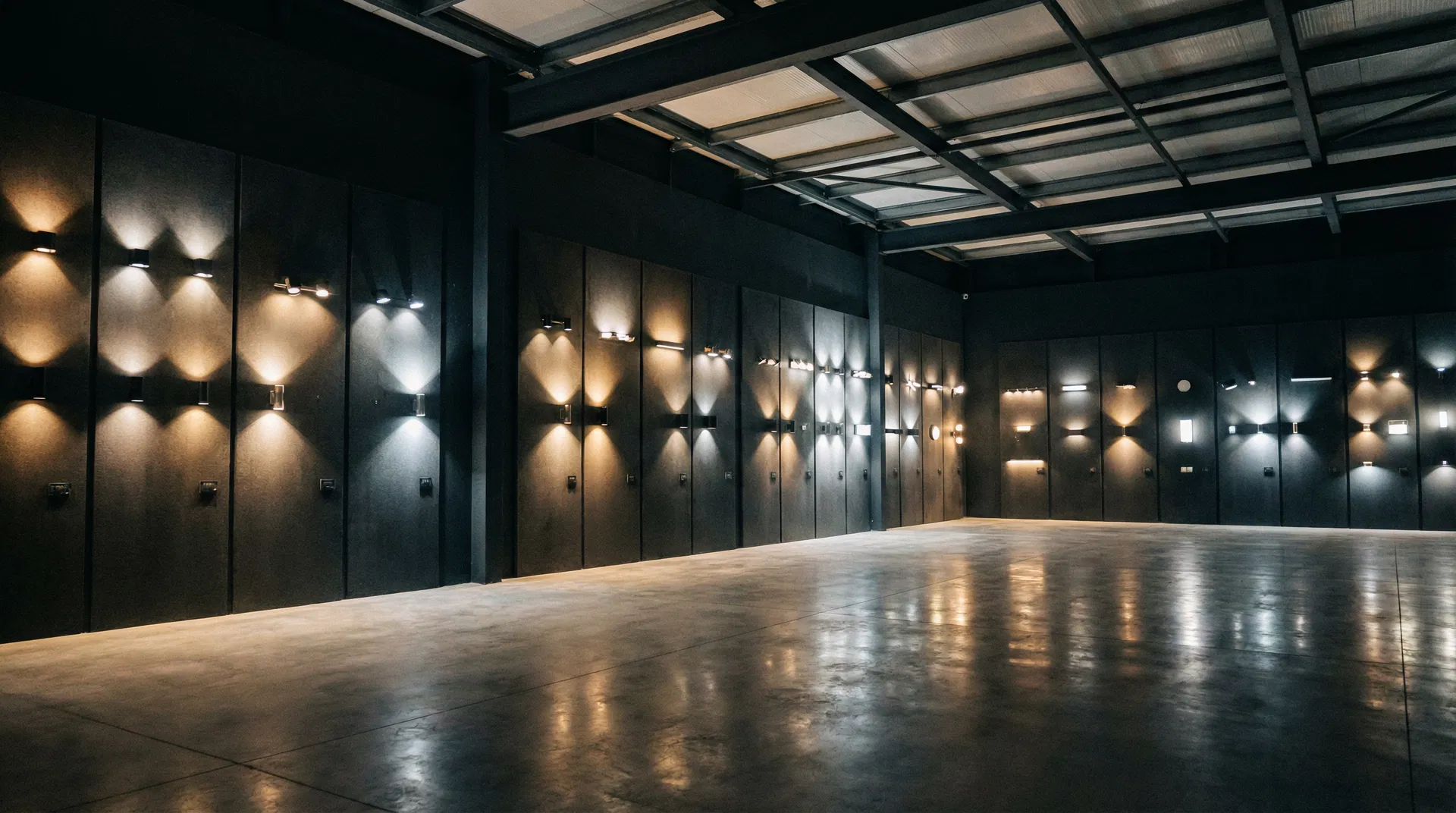 Lighting showroom with various wall-mounted fixtures