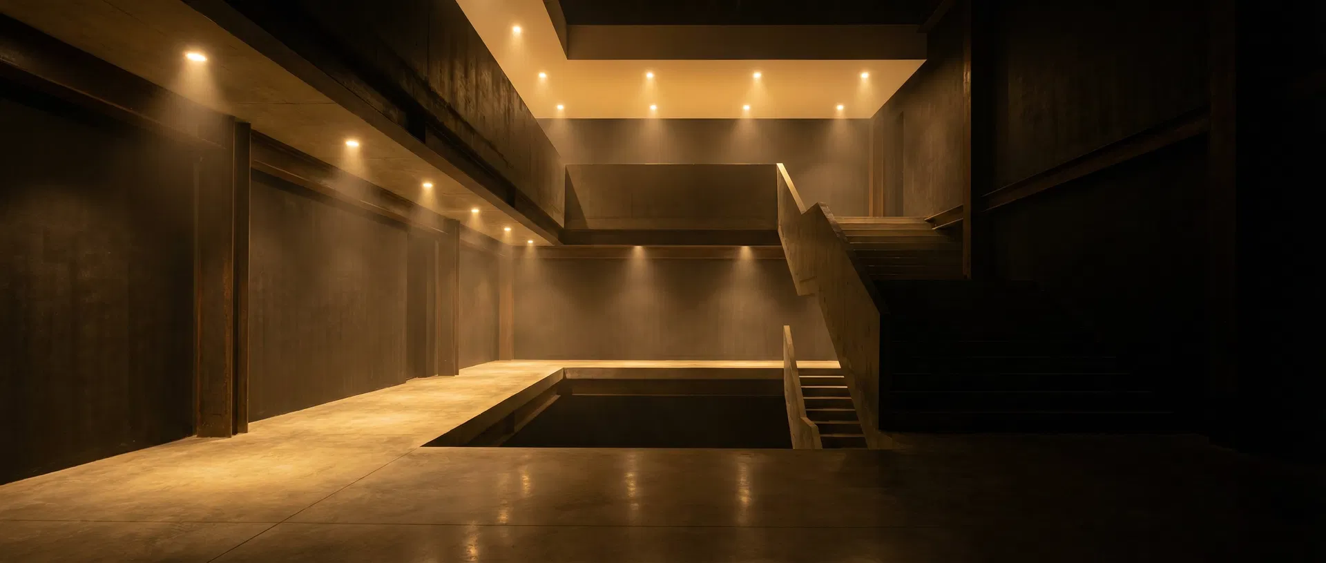 Architectural space illuminated by warm LED downlights