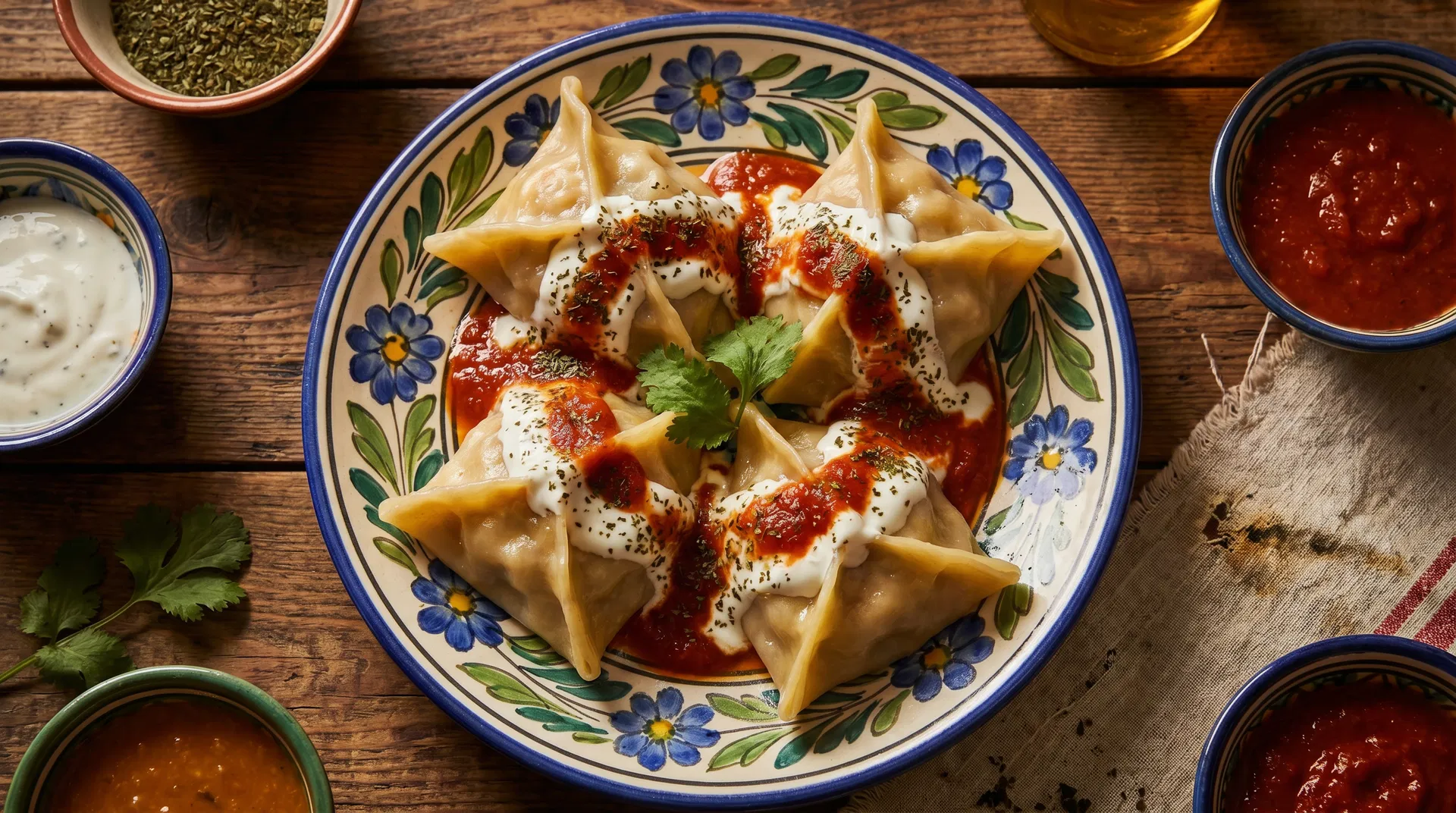 Perfectly plated mantu with both sauces