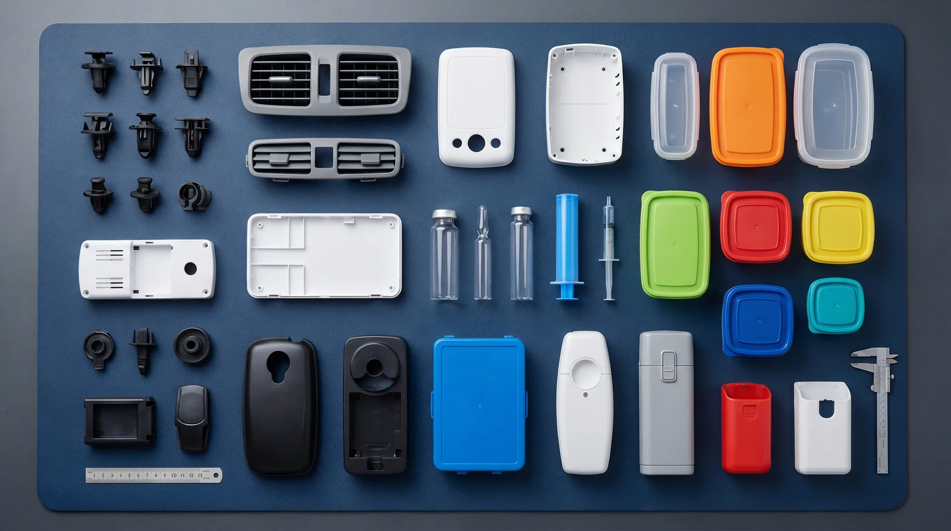 Various plastic injection molded products including automotive parts, electronics housings, medical devices, and packaging