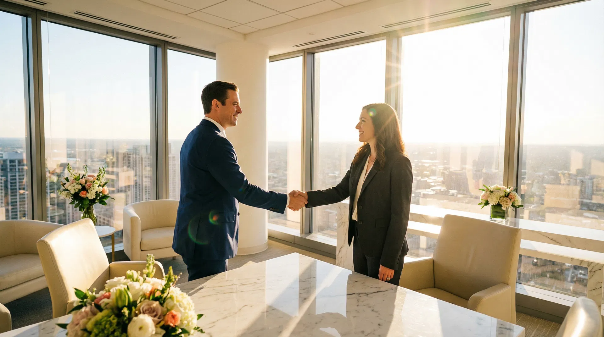 Business professionals shaking hands in a bright office representing successful business deals