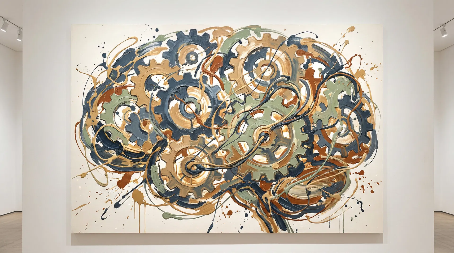 Abstract expressionist gear-brain painting — representing the intersection of technology and human thinking