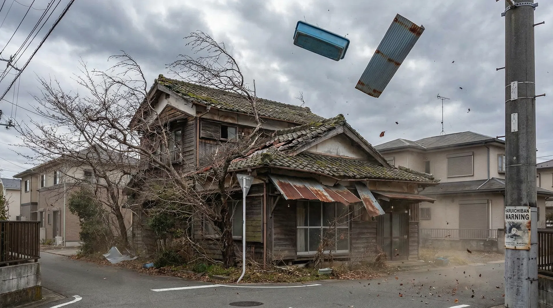 春一番の強風で屋根材が飛散する空き家