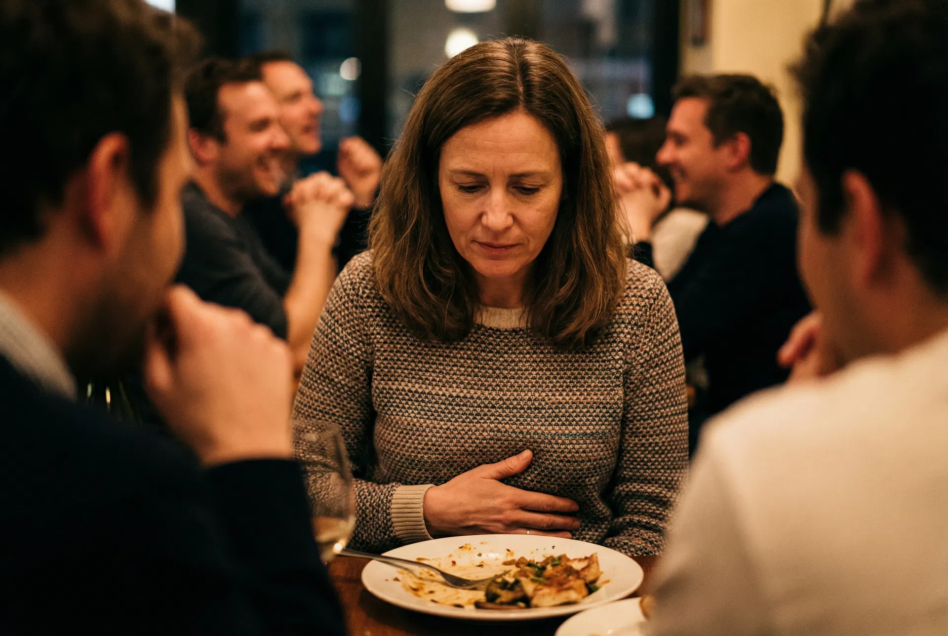 Woman at restaurant experiencing quiet discomfort while others laugh around her