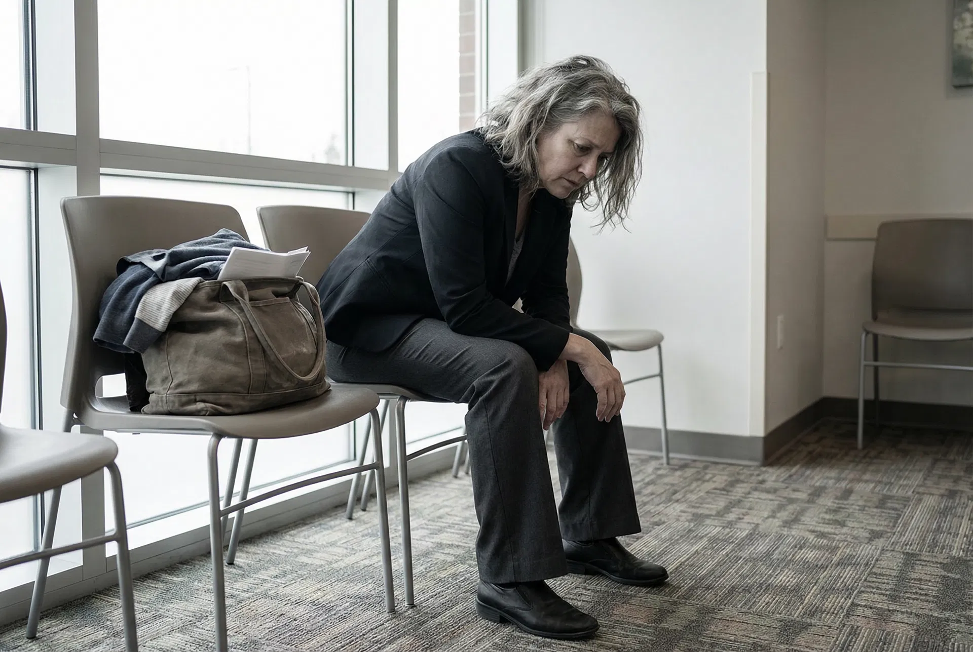 Professional woman in medical office waiting room, exhausted, with a large bag beside her
