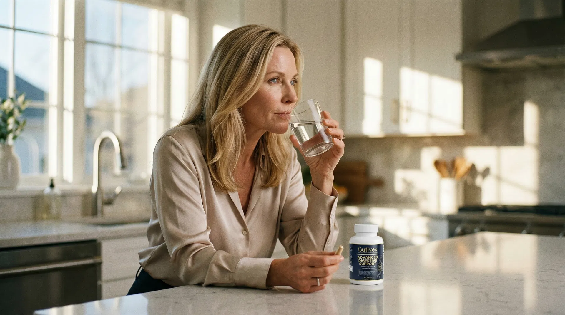 Woman taking a supplement capsule in her kitchen with morning sunlight