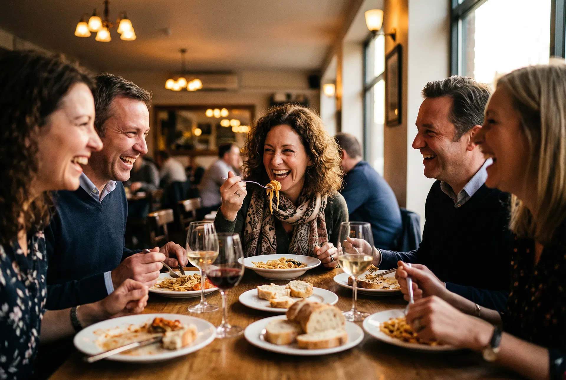 Woman laughing with friends at a restaurant, eating pasta, fully present