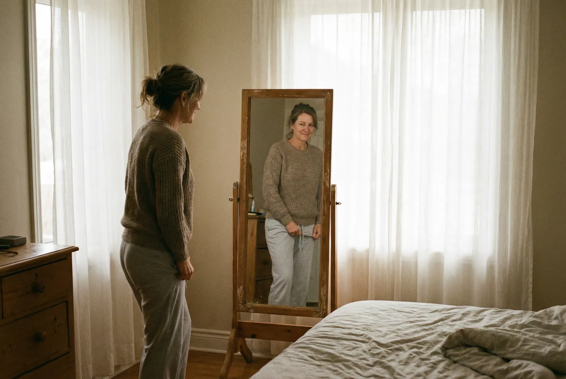 Woman putting on light grey trousers, looking in mirror with a subtle smile