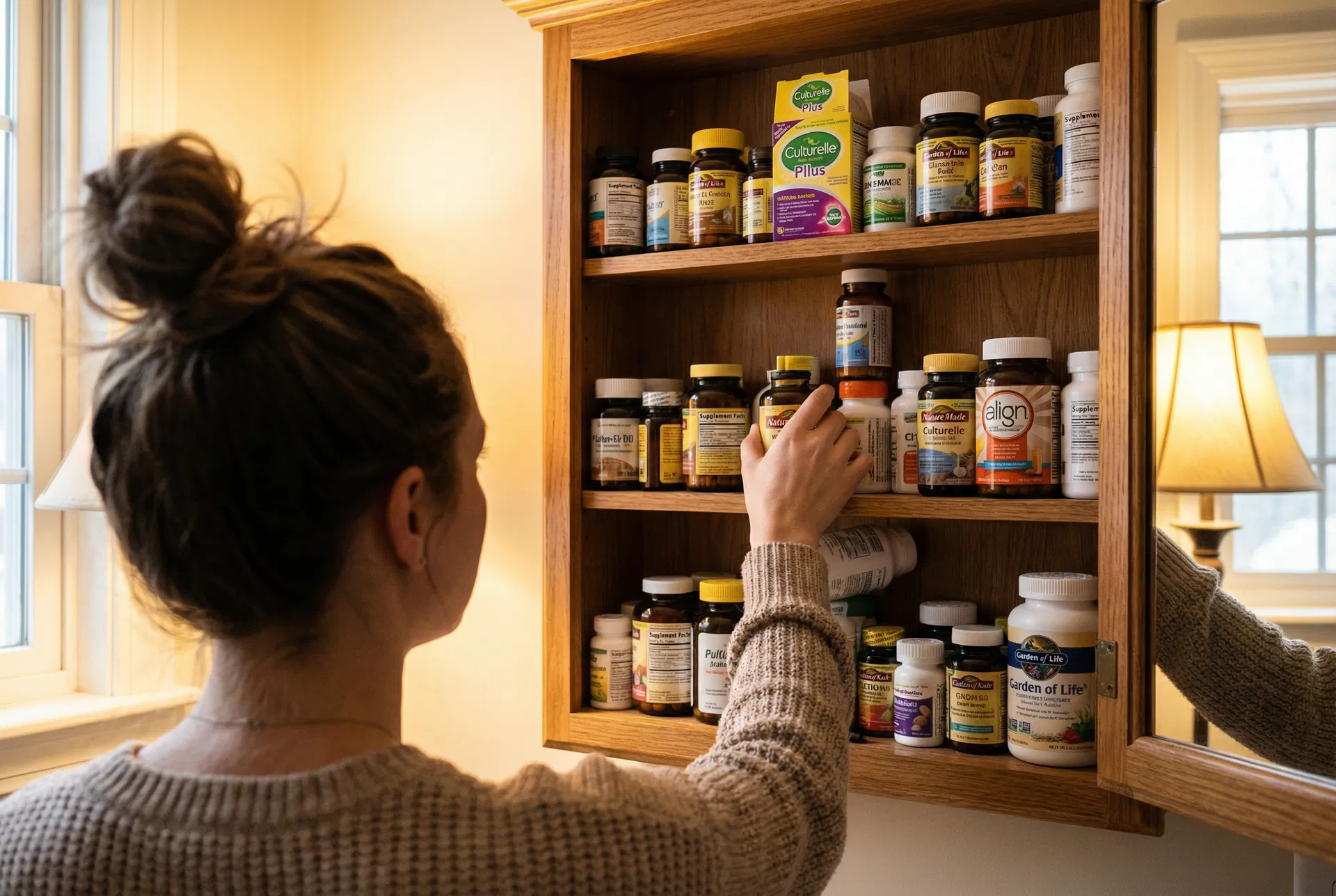 A woman opening a medicine cabinet filled with probiotic bottles