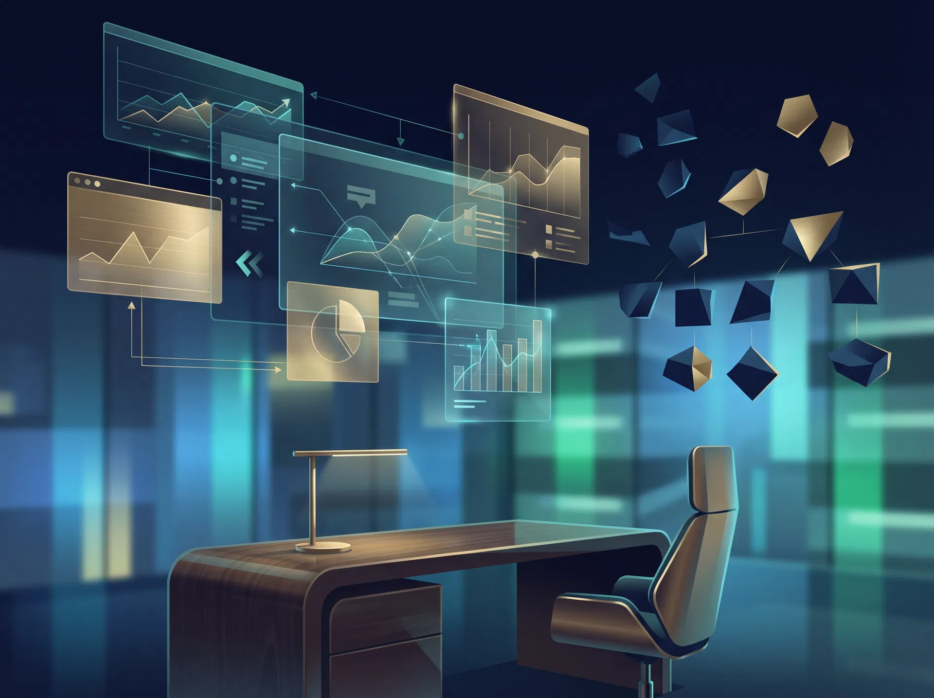 Executive consulting workspace with holographic data dashboards
