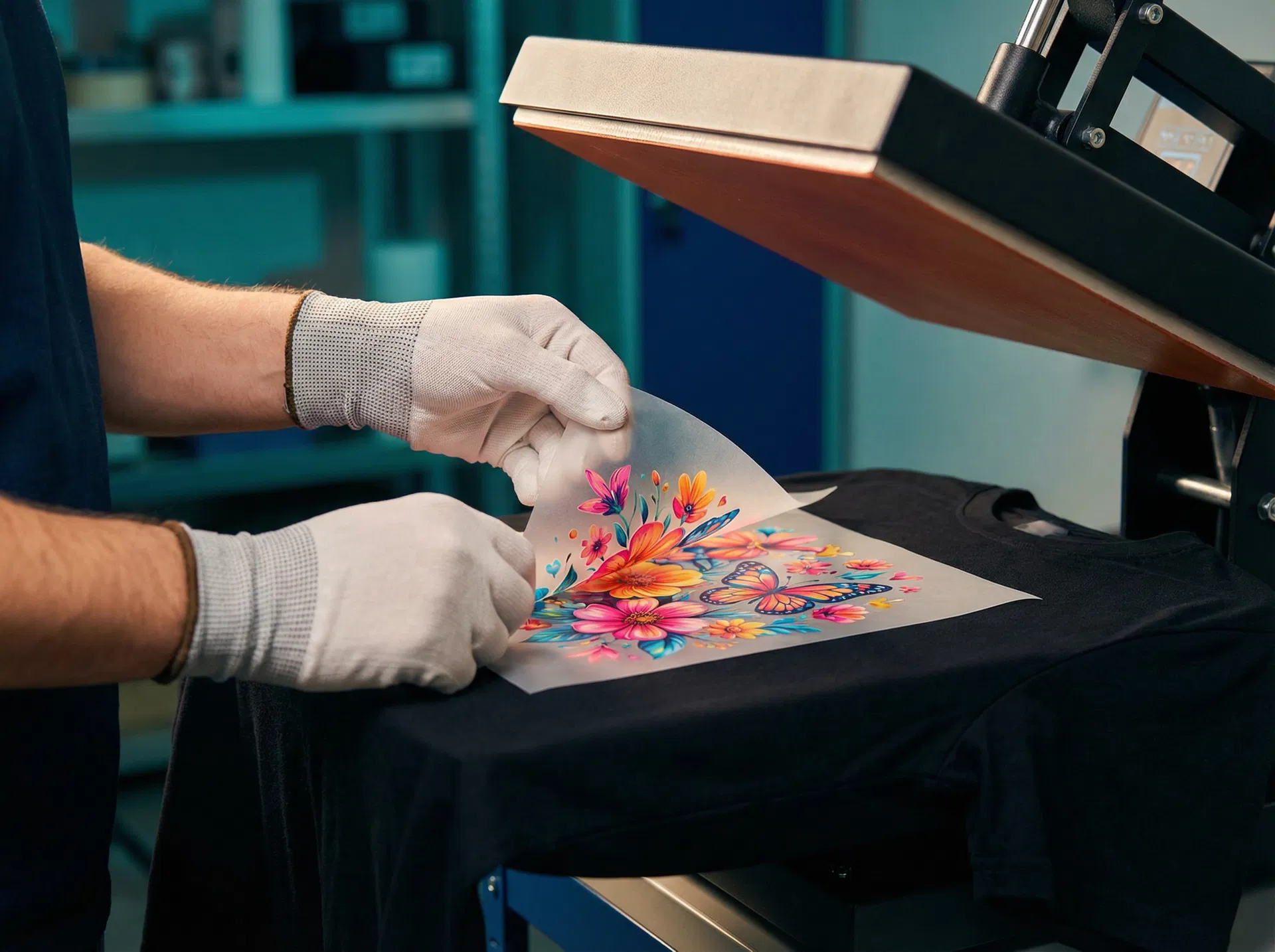 Professional applying a vibrant custom DTF transfer to a black t-shirt using a heat press