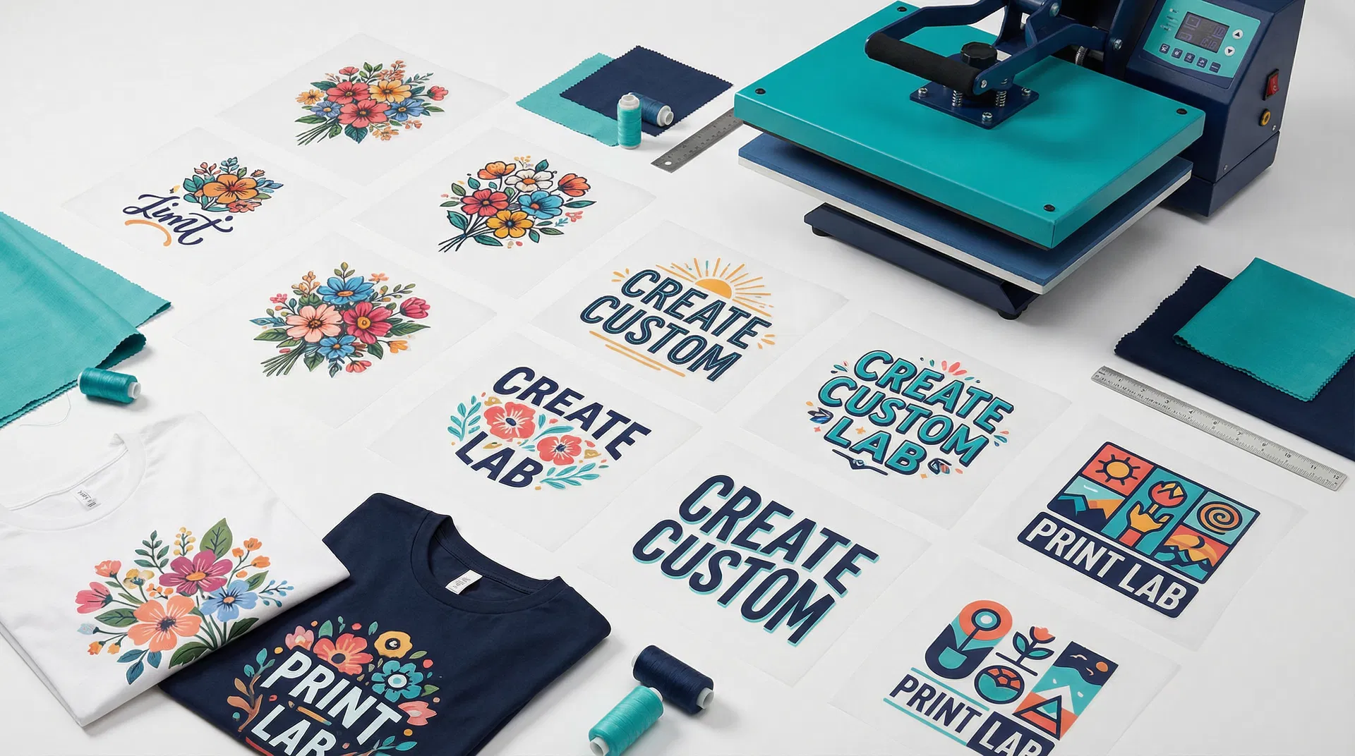 Custom DTF transfers flat lay with heat press machine showing vibrant colorful designs