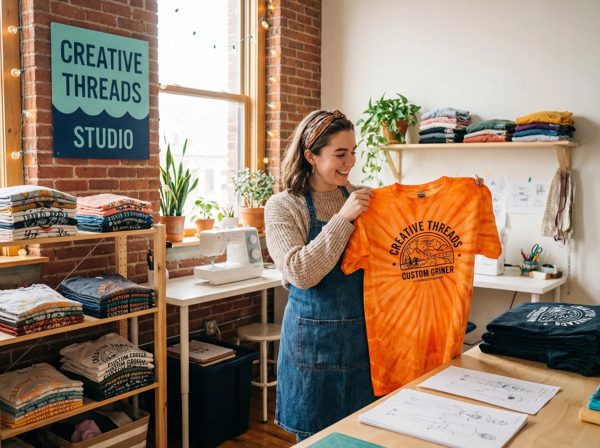 Happy small business owner holding custom printed t-shirt in her creative studio