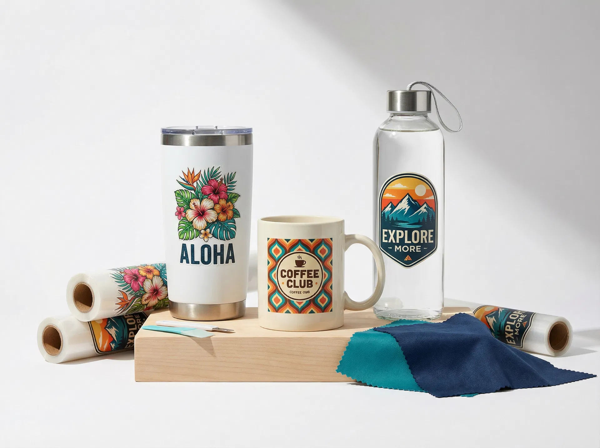Custom UV DTF transfers applied to tumblers, mugs, and water bottles showing vibrant designs