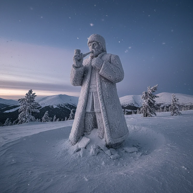 Зимовий арт-об'єкт: у Карпатах художники виліпили зі снігу двометрову скульптуру гуцула-музиканта