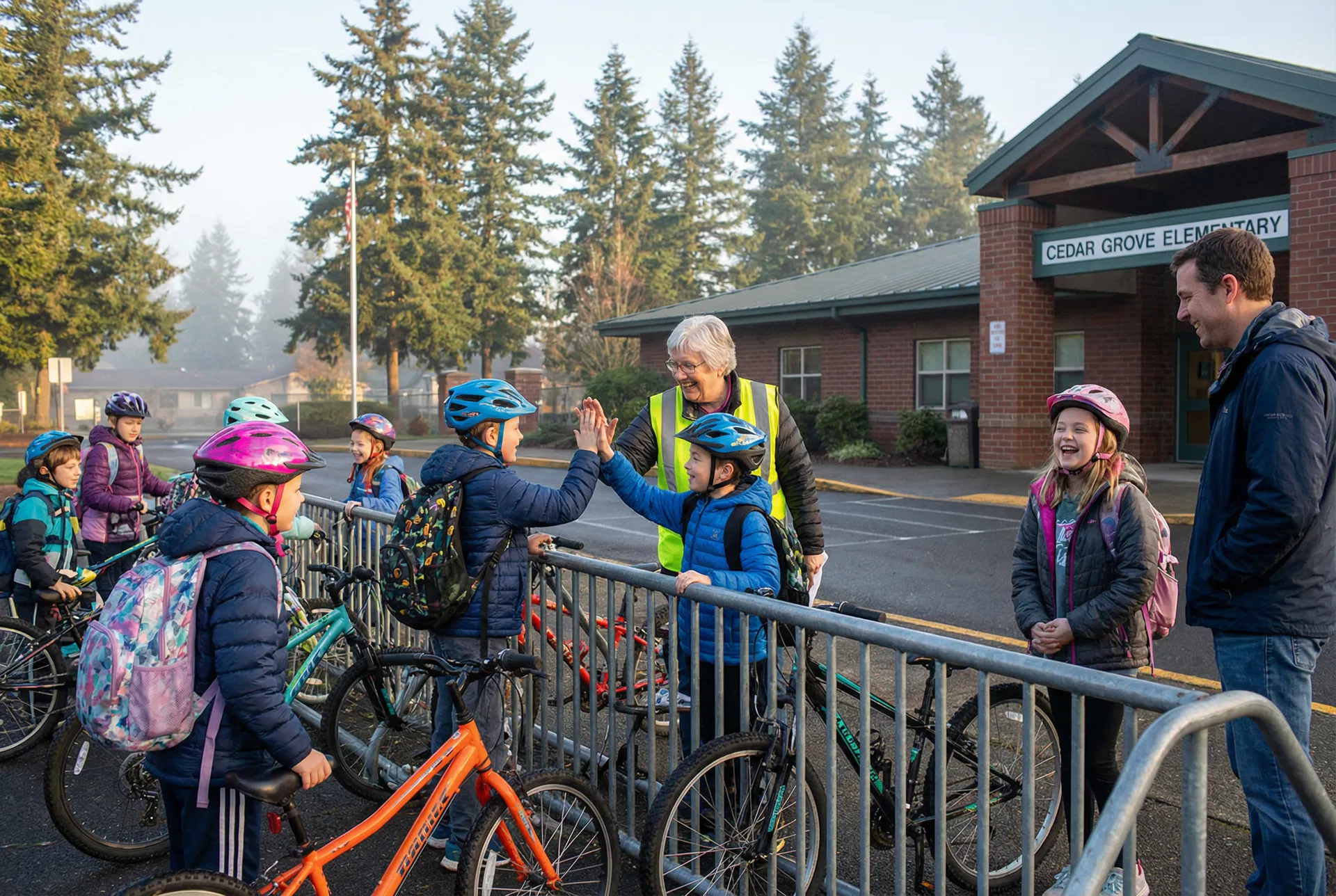 Kids arriving safely at school with volunteer escort