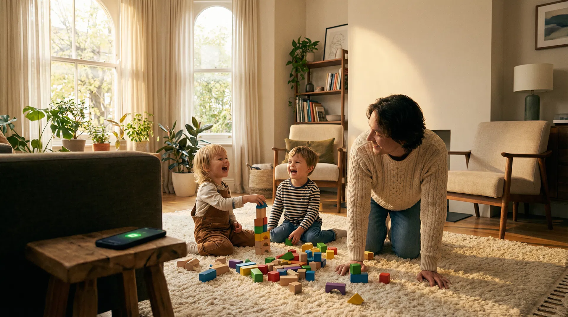 Padre jugando con sus hijos mientras la IA trabaja