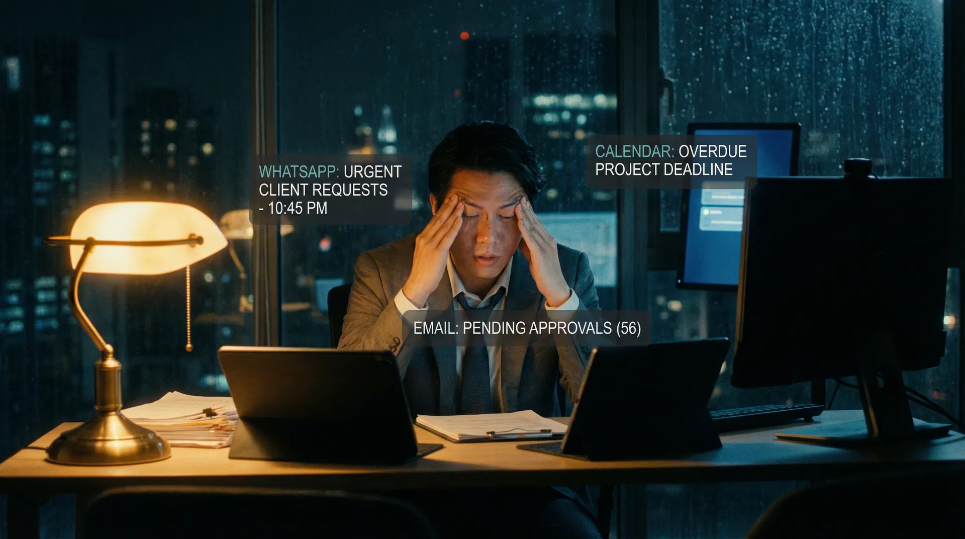 Empresario estresado gestionando todo manualmente