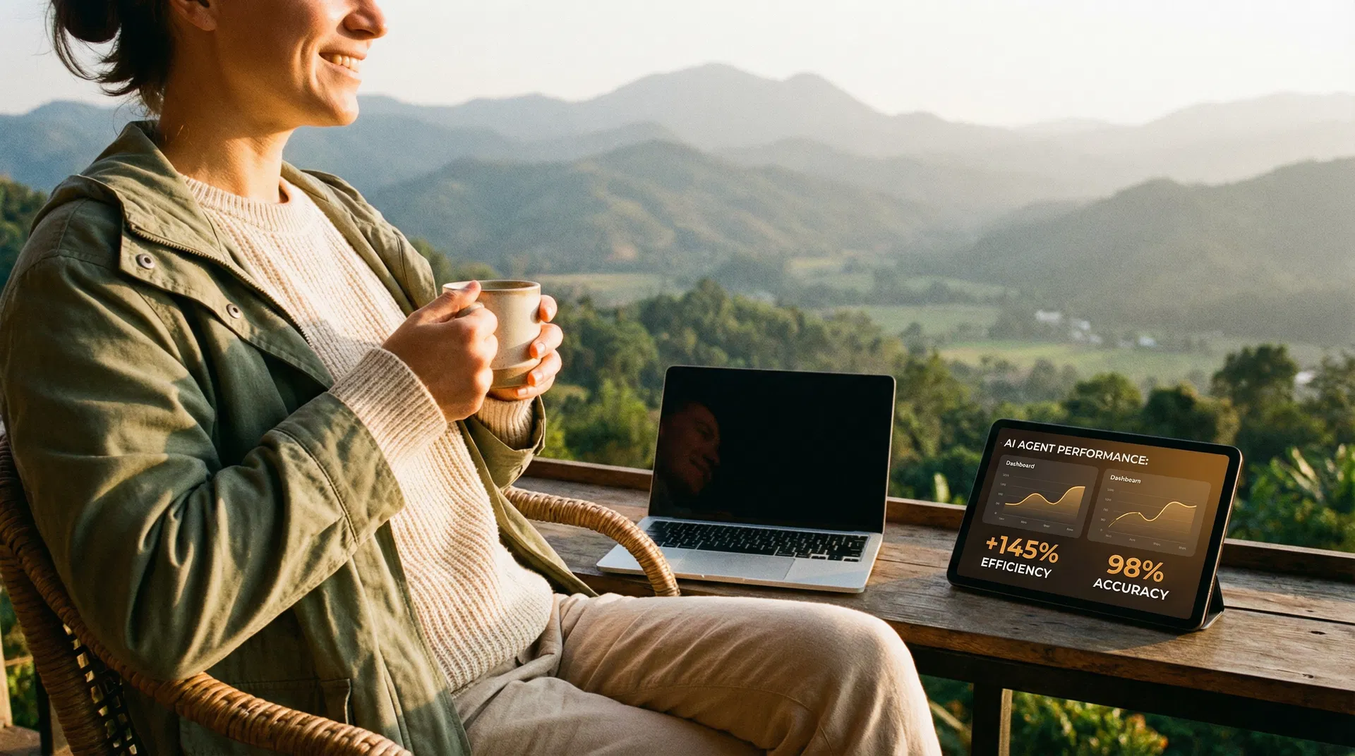 Emprendedora relajada en terraza mientras la IA trabaja
