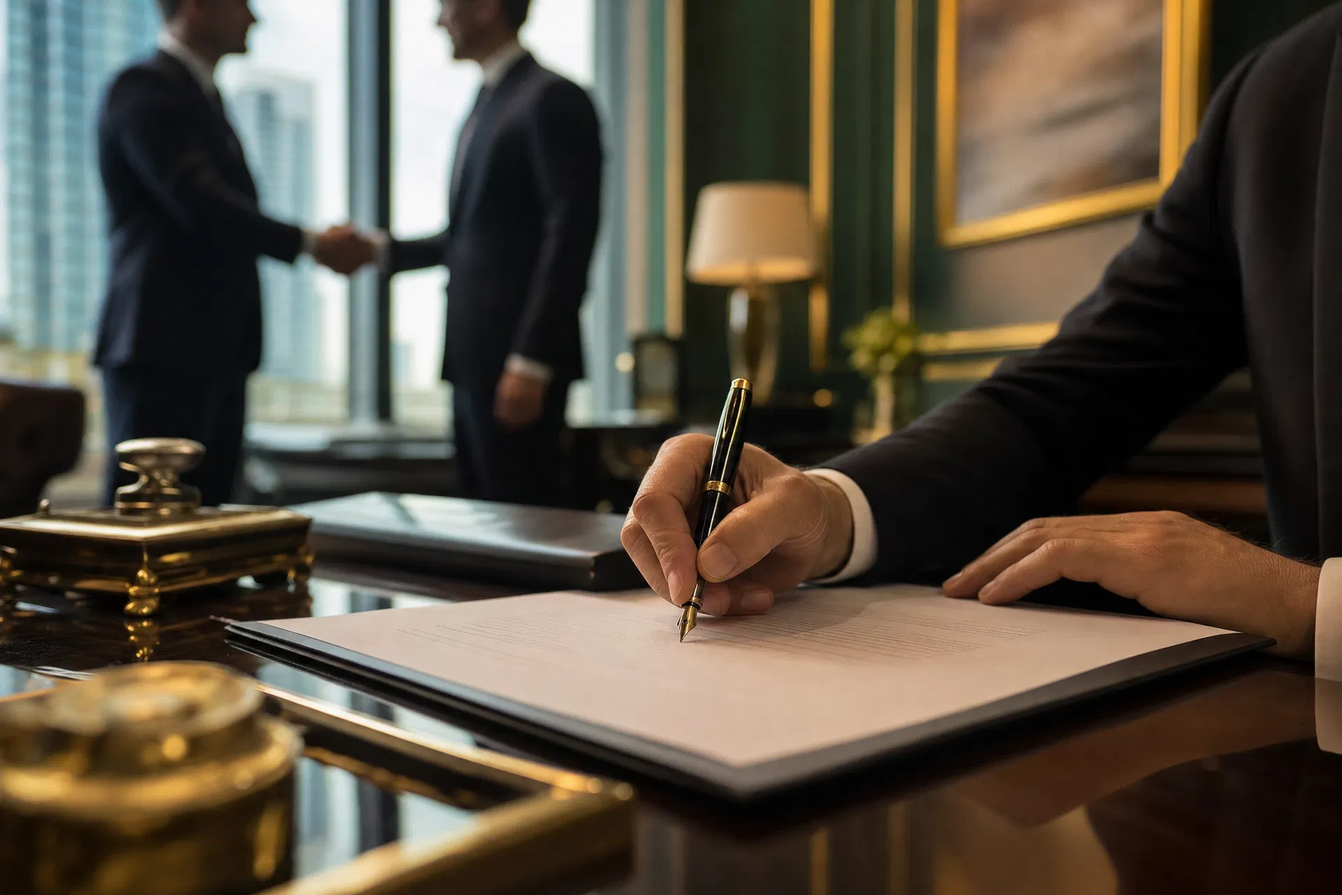 Assinatura de contrato empresarial no escritório Martins & Santos