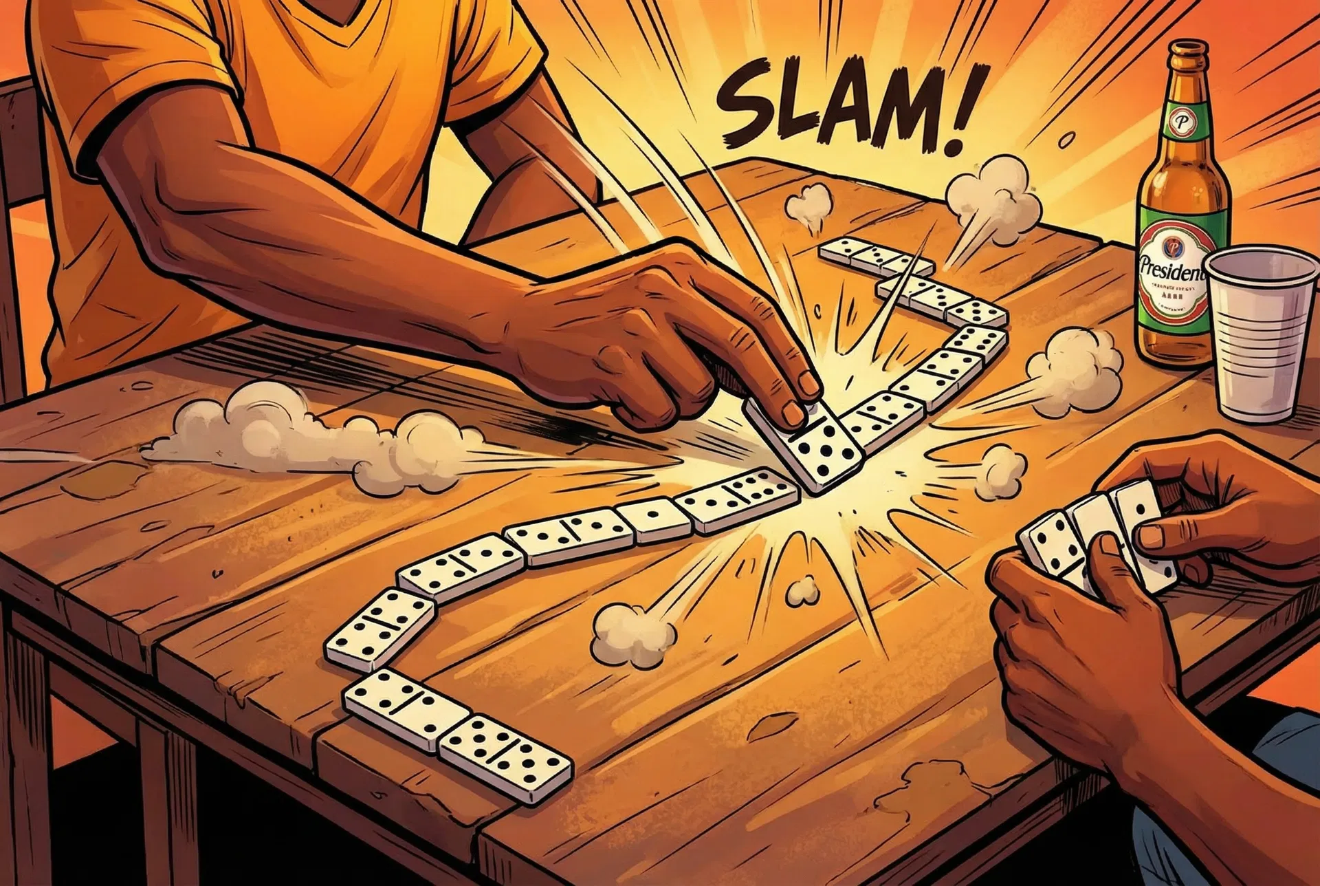 Hands slamming a domino tile