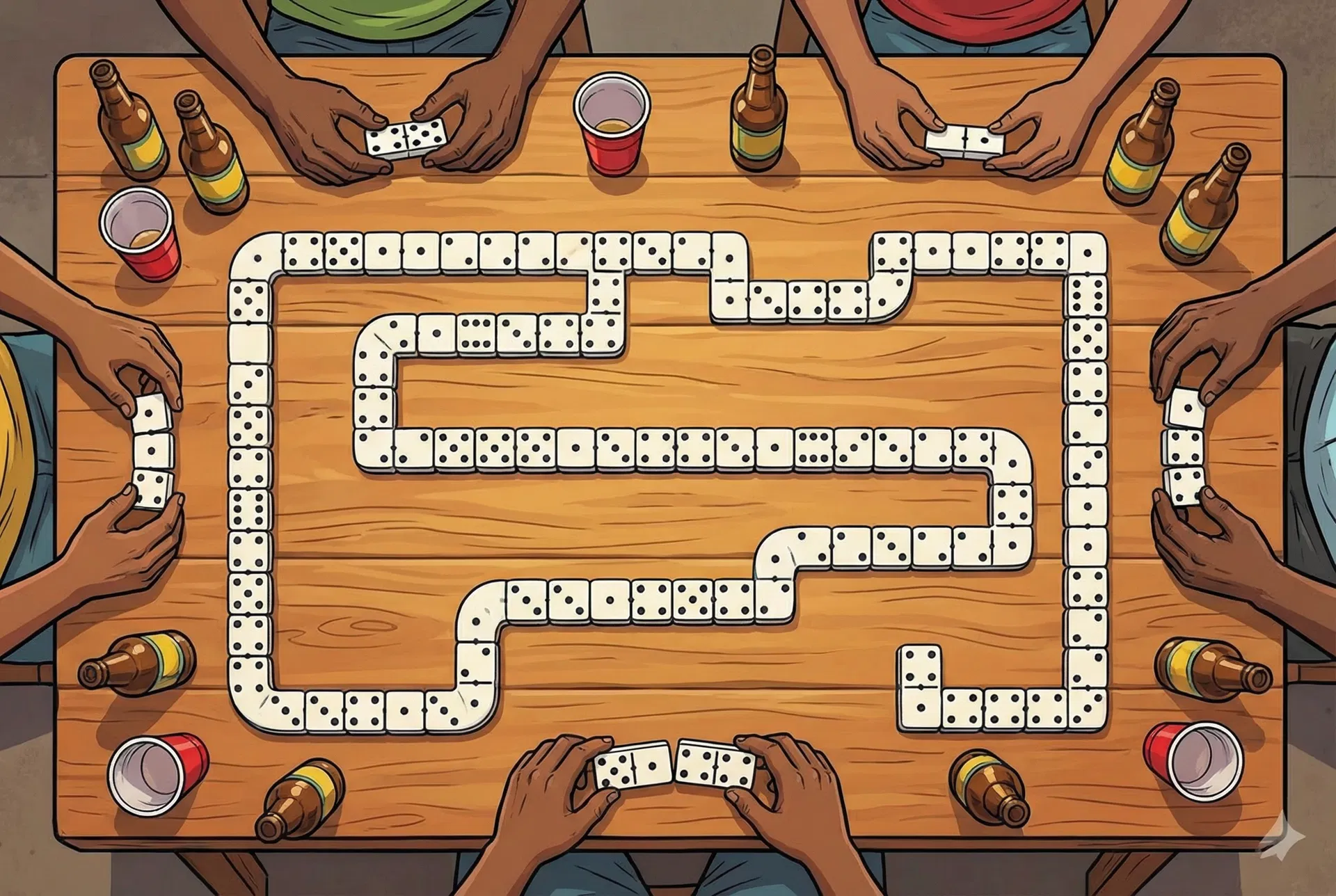 Dominoes on mahogany table at sunset