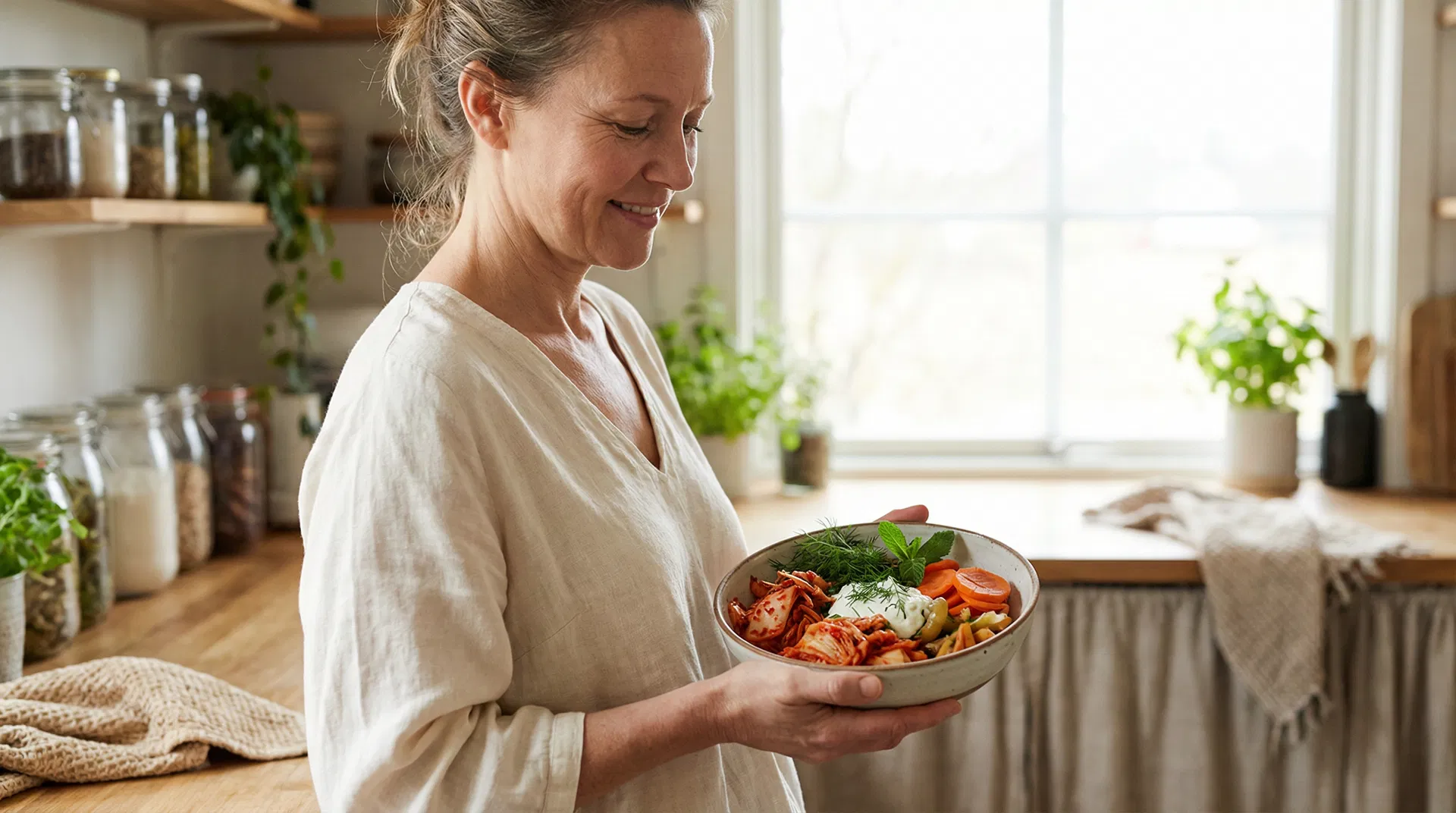 Woman holding a bowl of fermented foods representing gut health