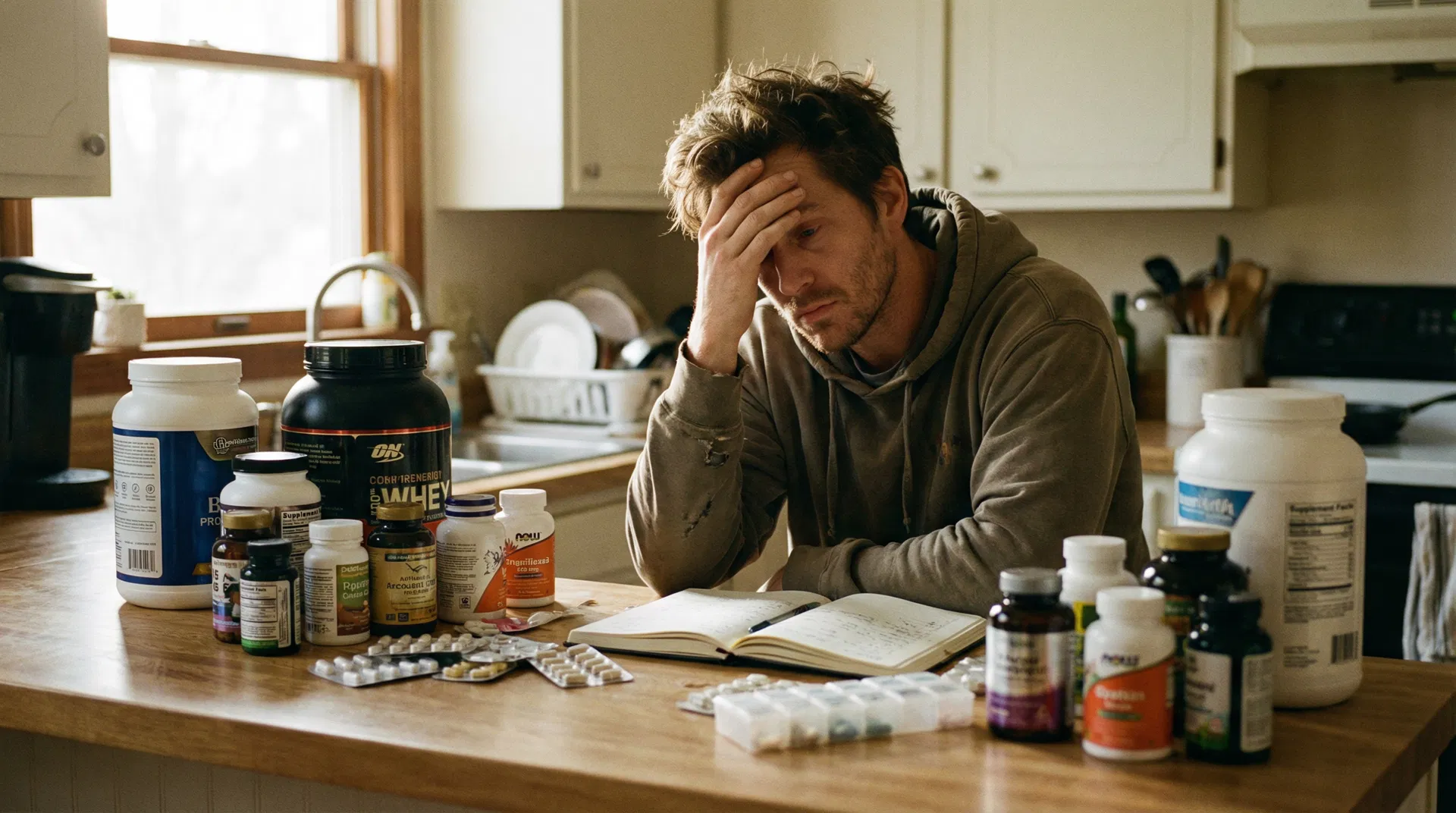 Man overwhelmed by supplement bottles on kitchen counter