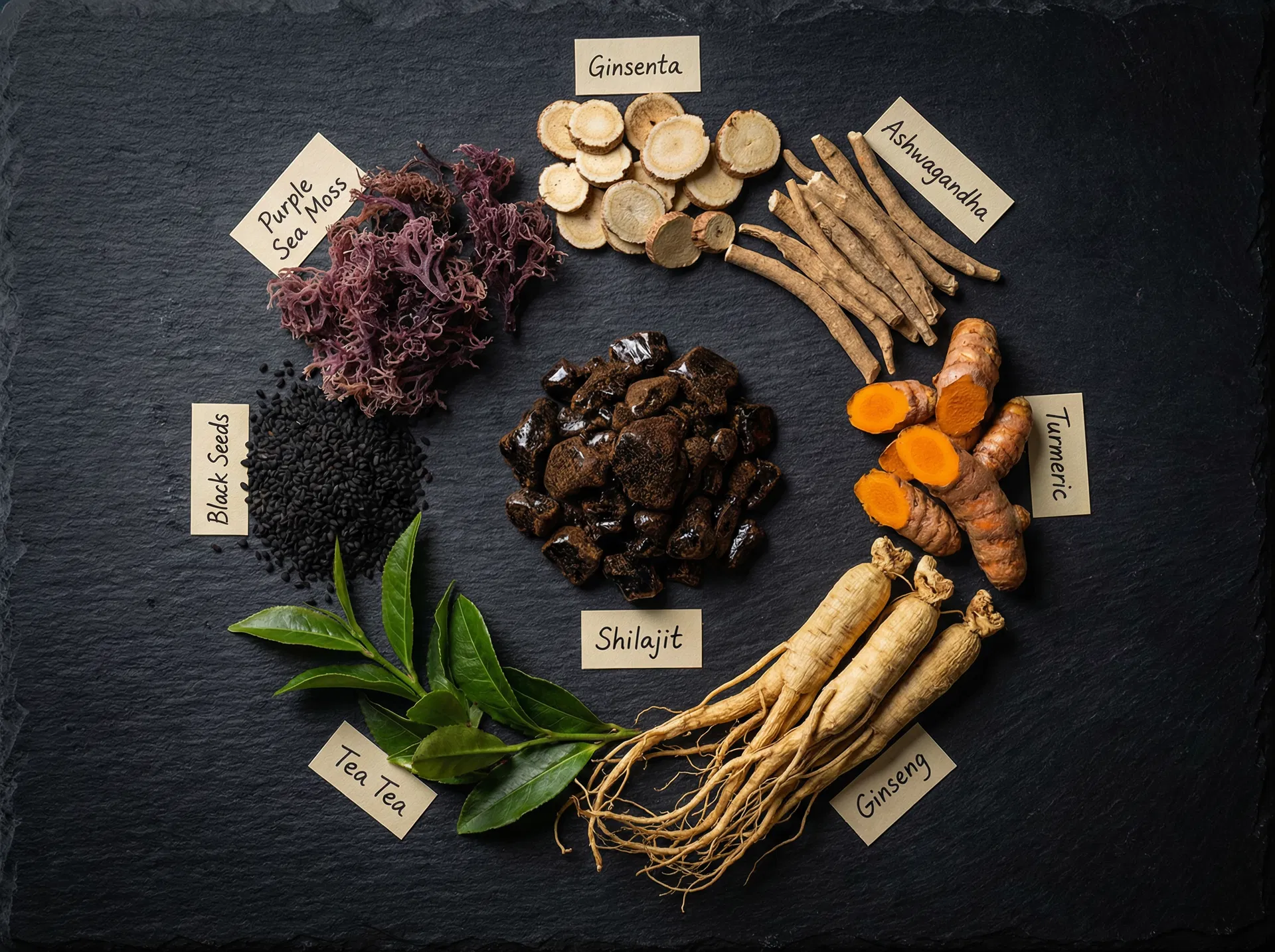 Natural supplement ingredients including shilajit, sea moss, ashwagandha and ginseng