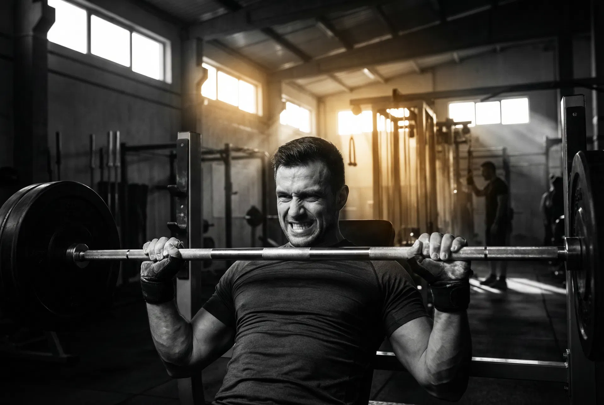 Athlete performing bench press in gym
