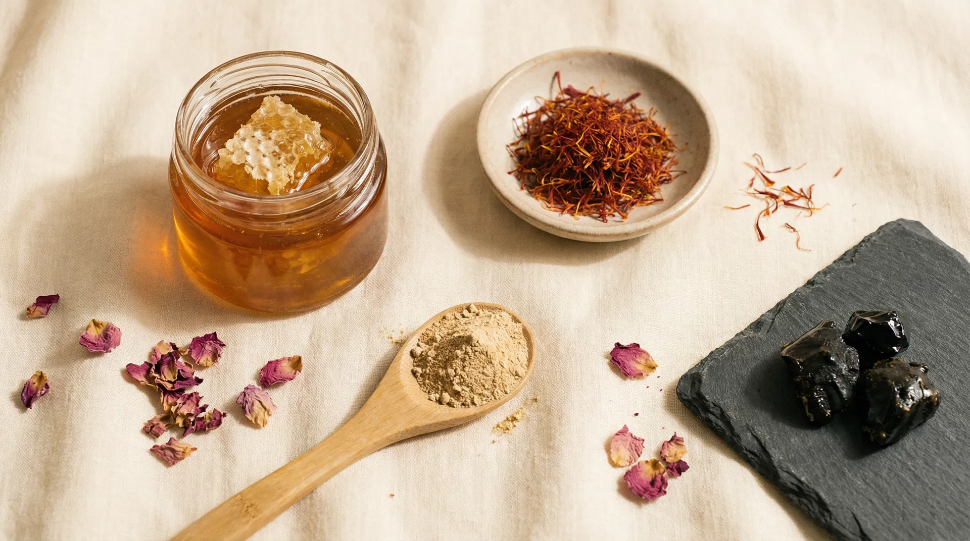The key botanicals: saffron, shatavari, shilajit, and raw honey