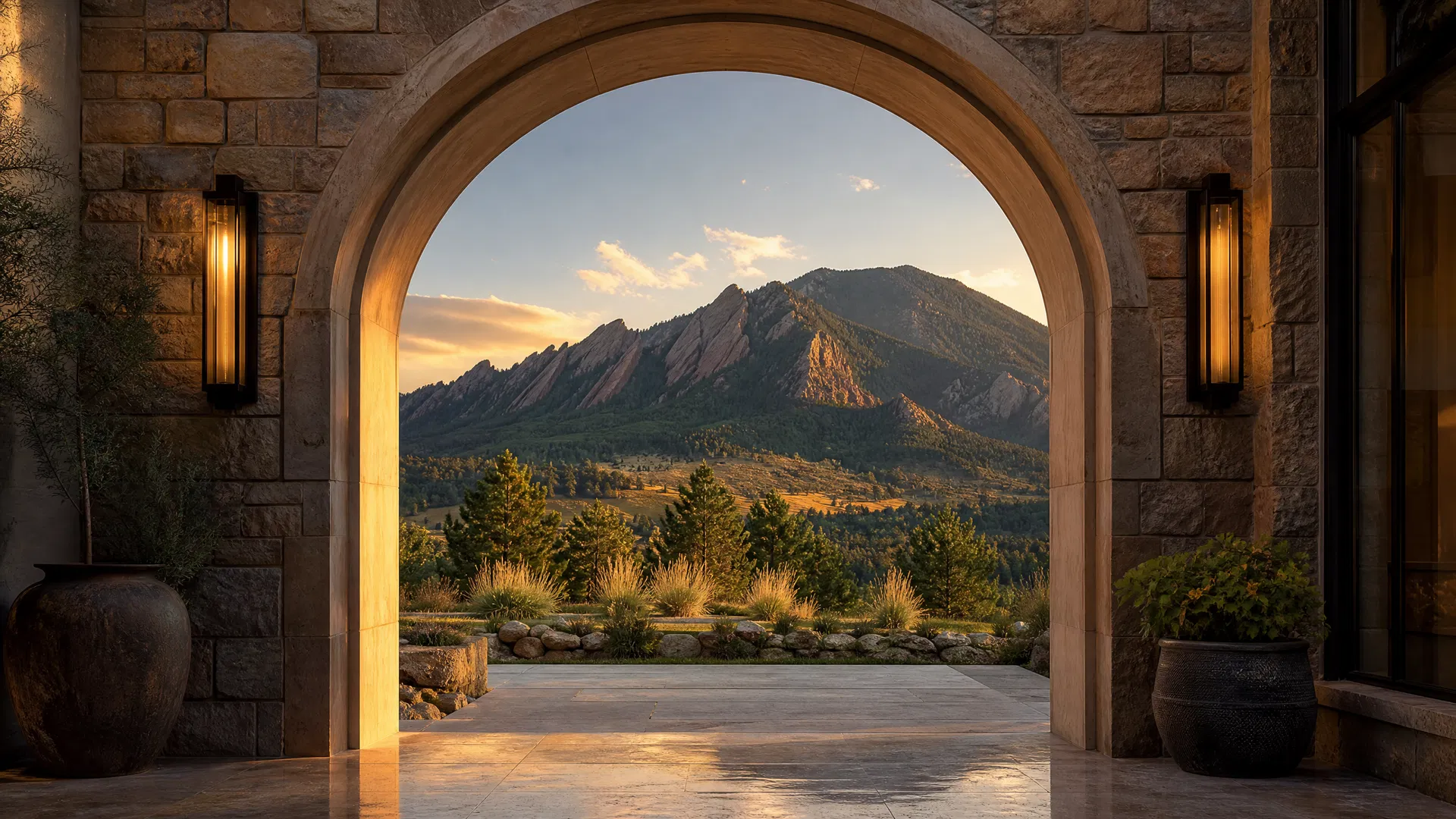 Stone arch framing the Colorado Flatirons — Howard's Draperies service area across Front Range Colorado