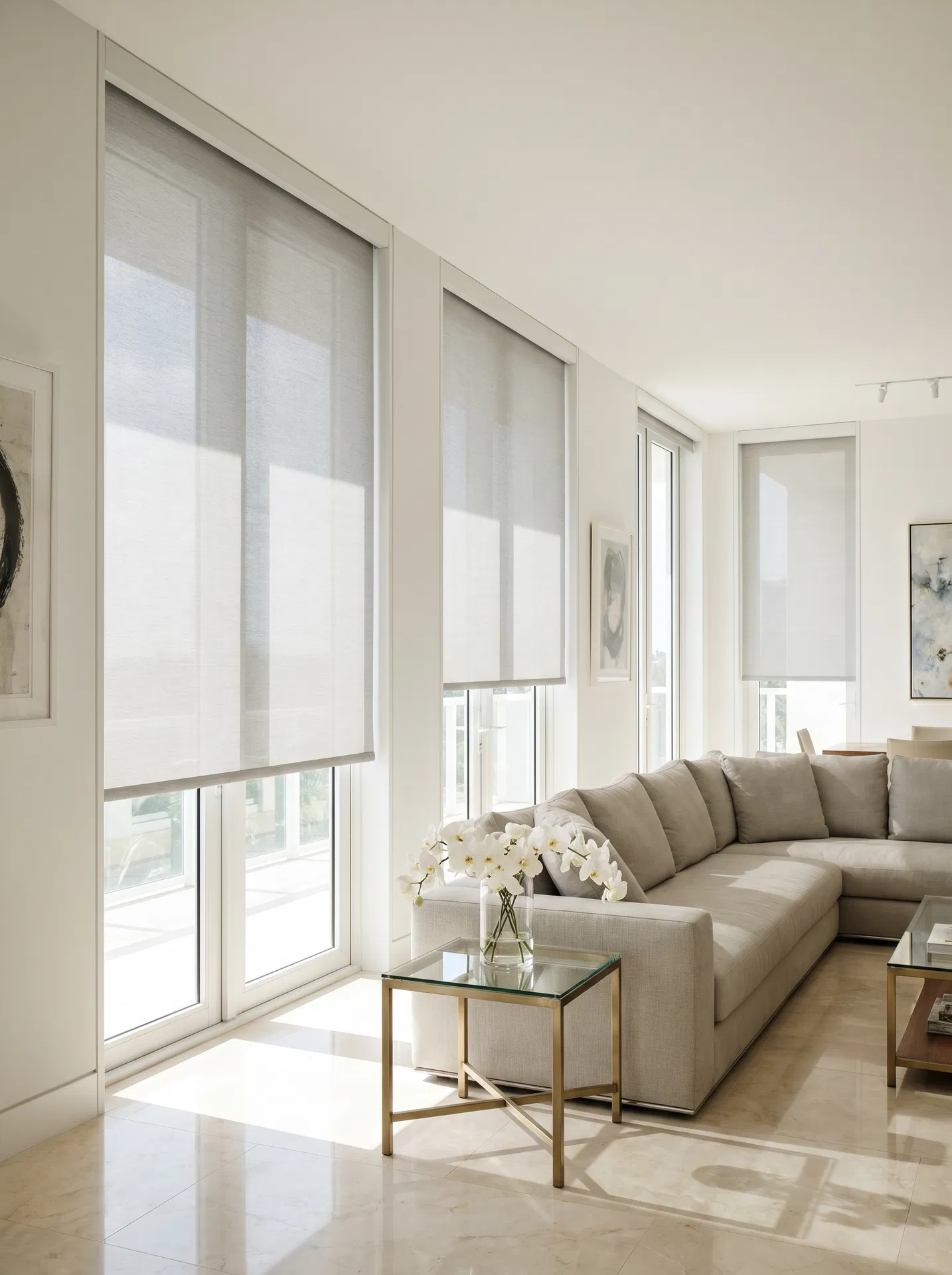 Roller shades in a minimalist interior with diffused natural light