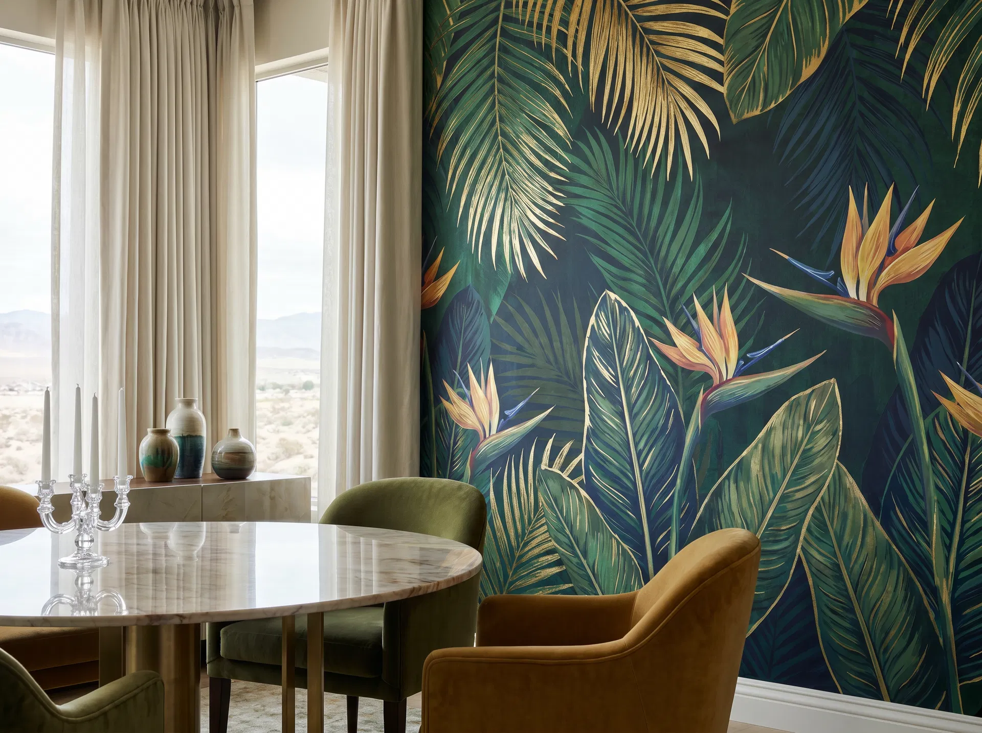 Lush forest wall mural as bedroom accent wall