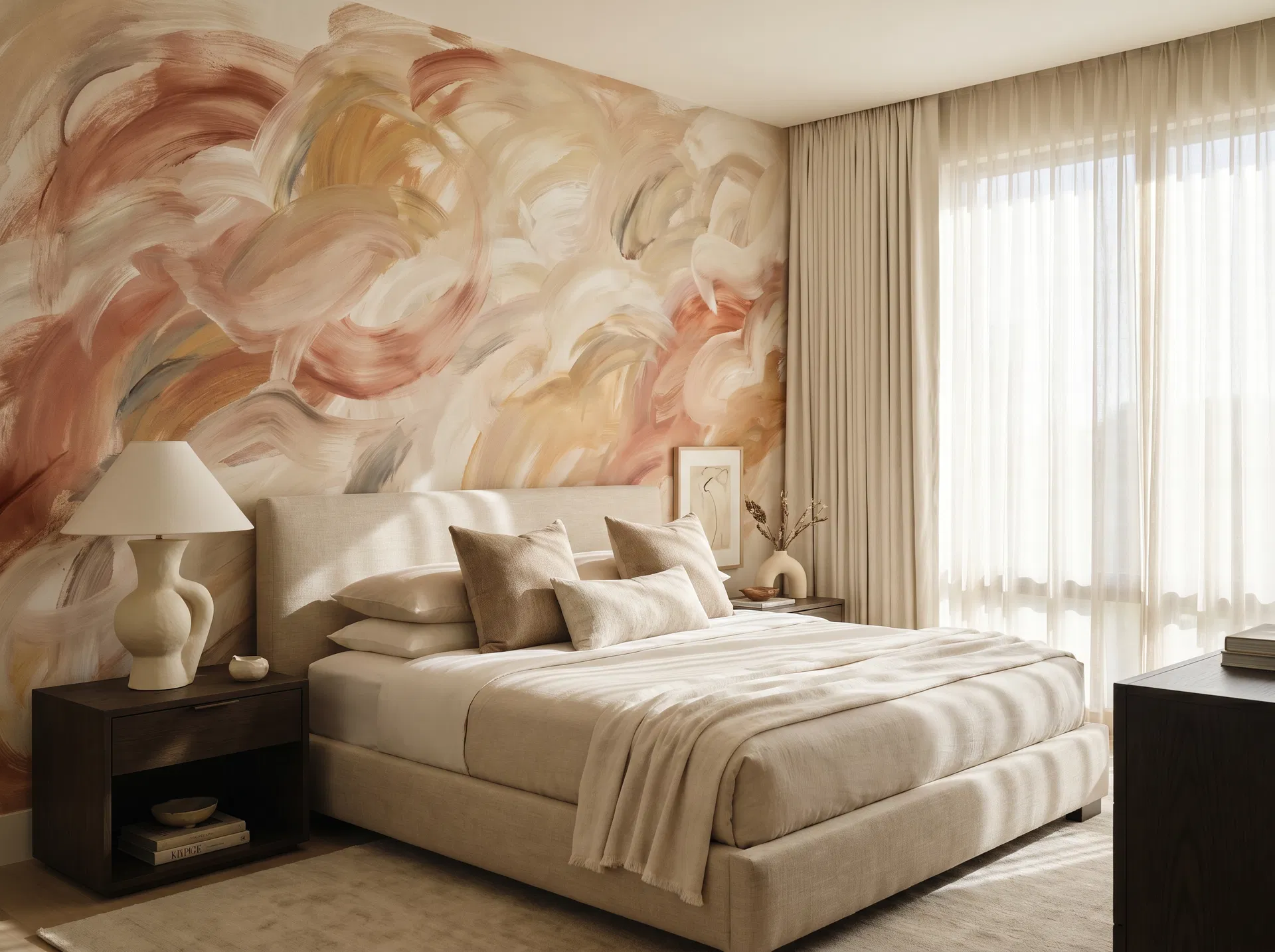 Soft pine forest mural in bright airy bedroom