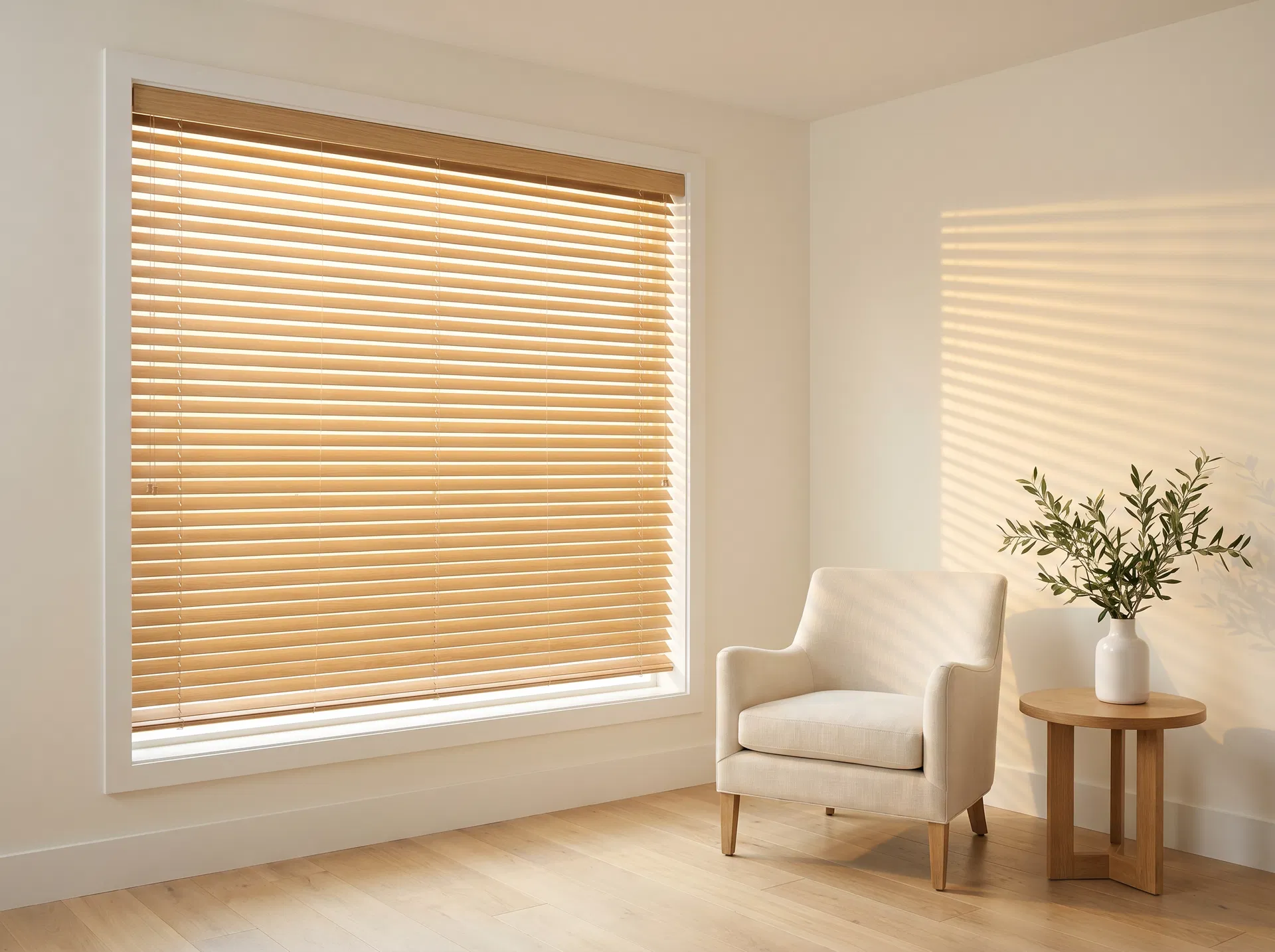 Wood venetian blinds in living room