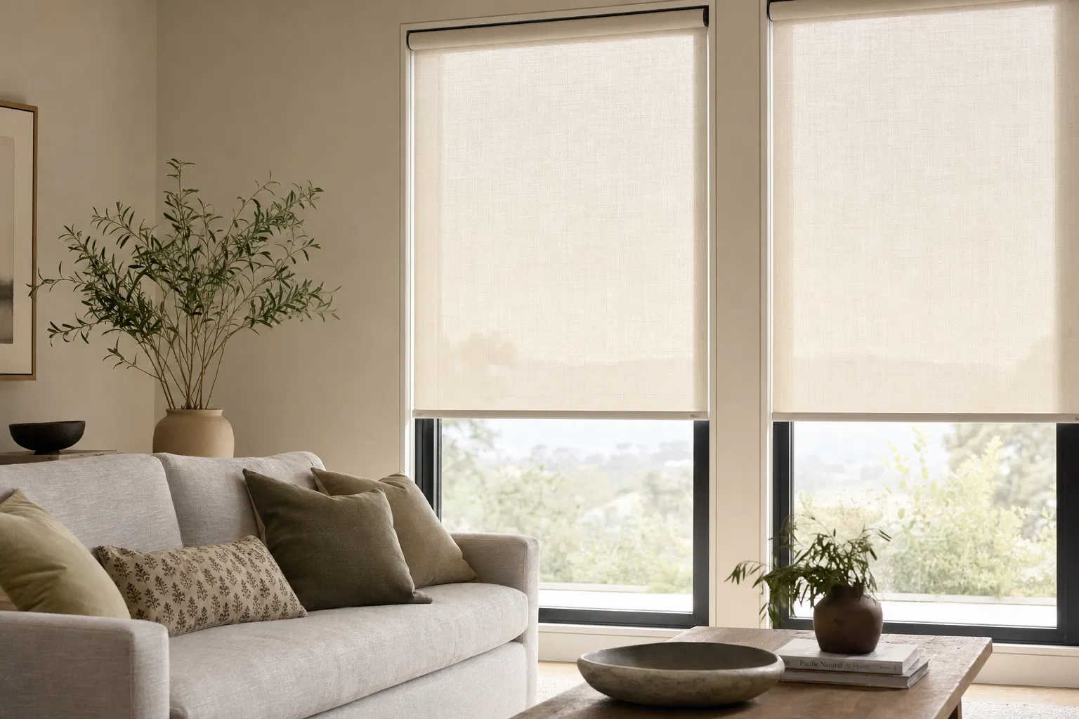 Custom roller shades installed on large windows in a bright Raleigh NC living room