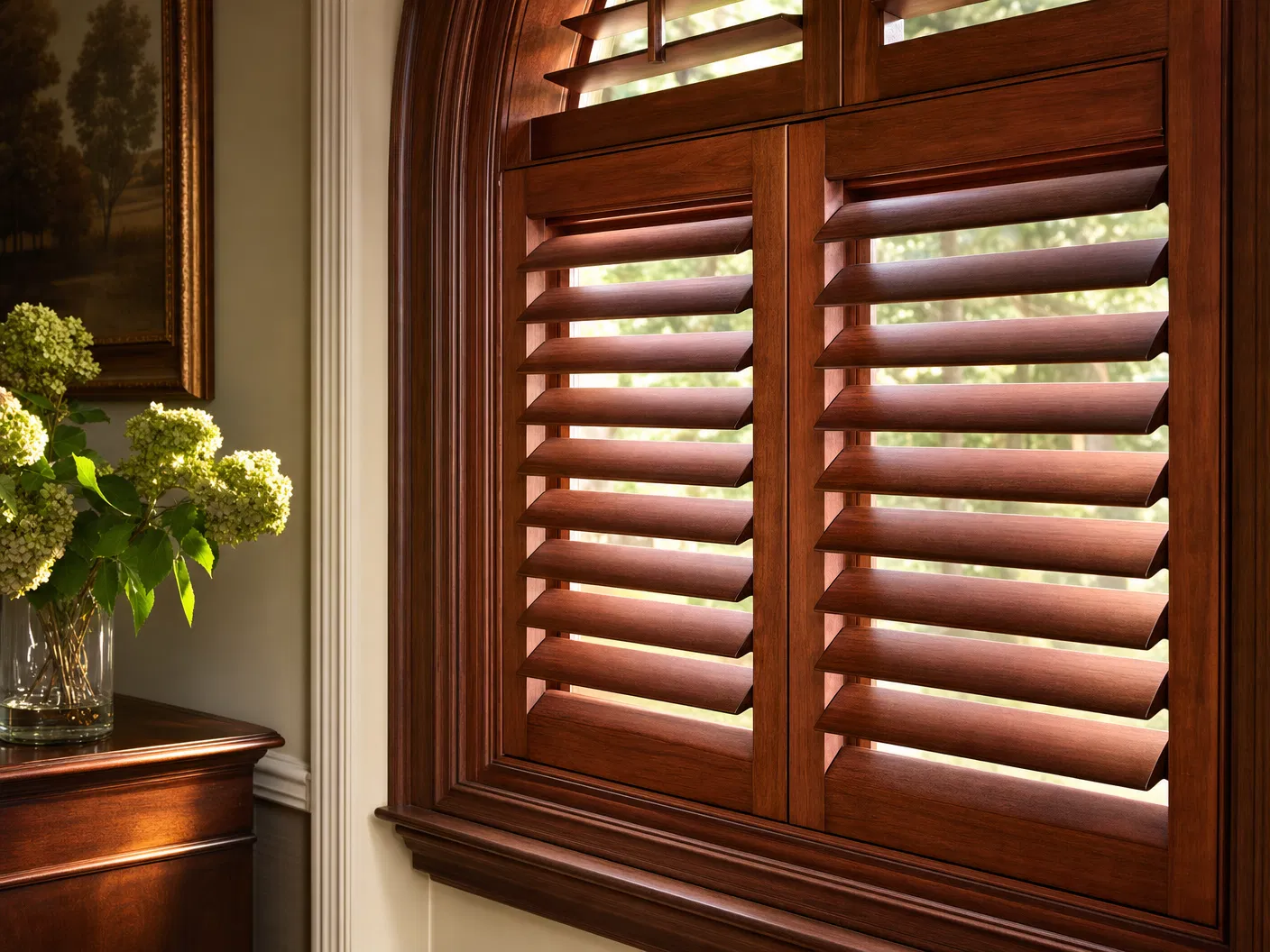 Natural hardwood plantation shutters showing warm custom wood grain